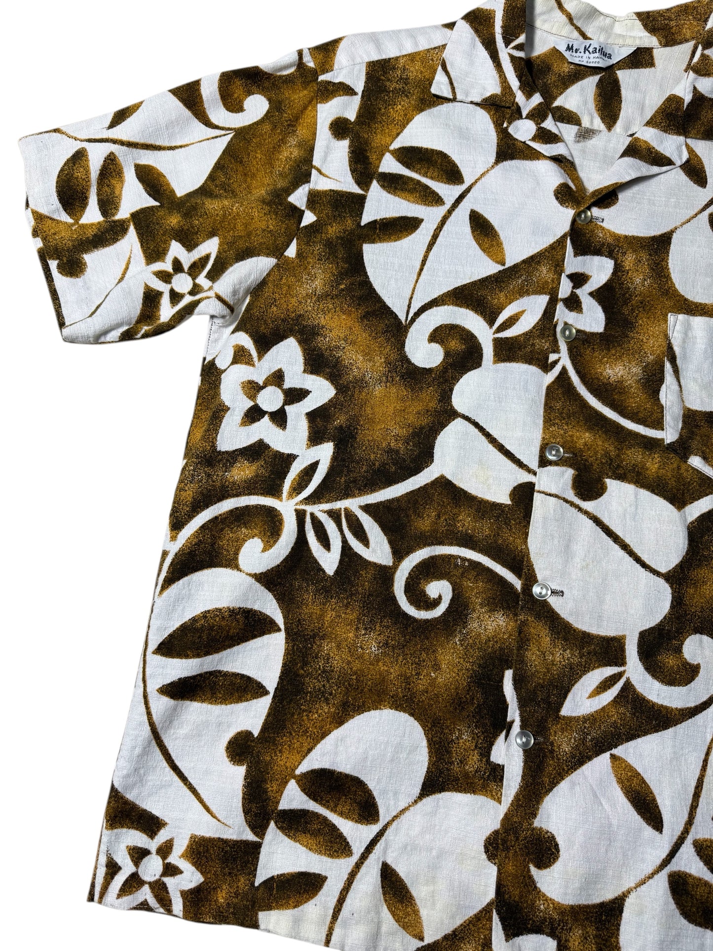 Vintage 1970s Mr. Kailua Hawaiian Aloha Shirt Brown/White Floral Made in Hawaii