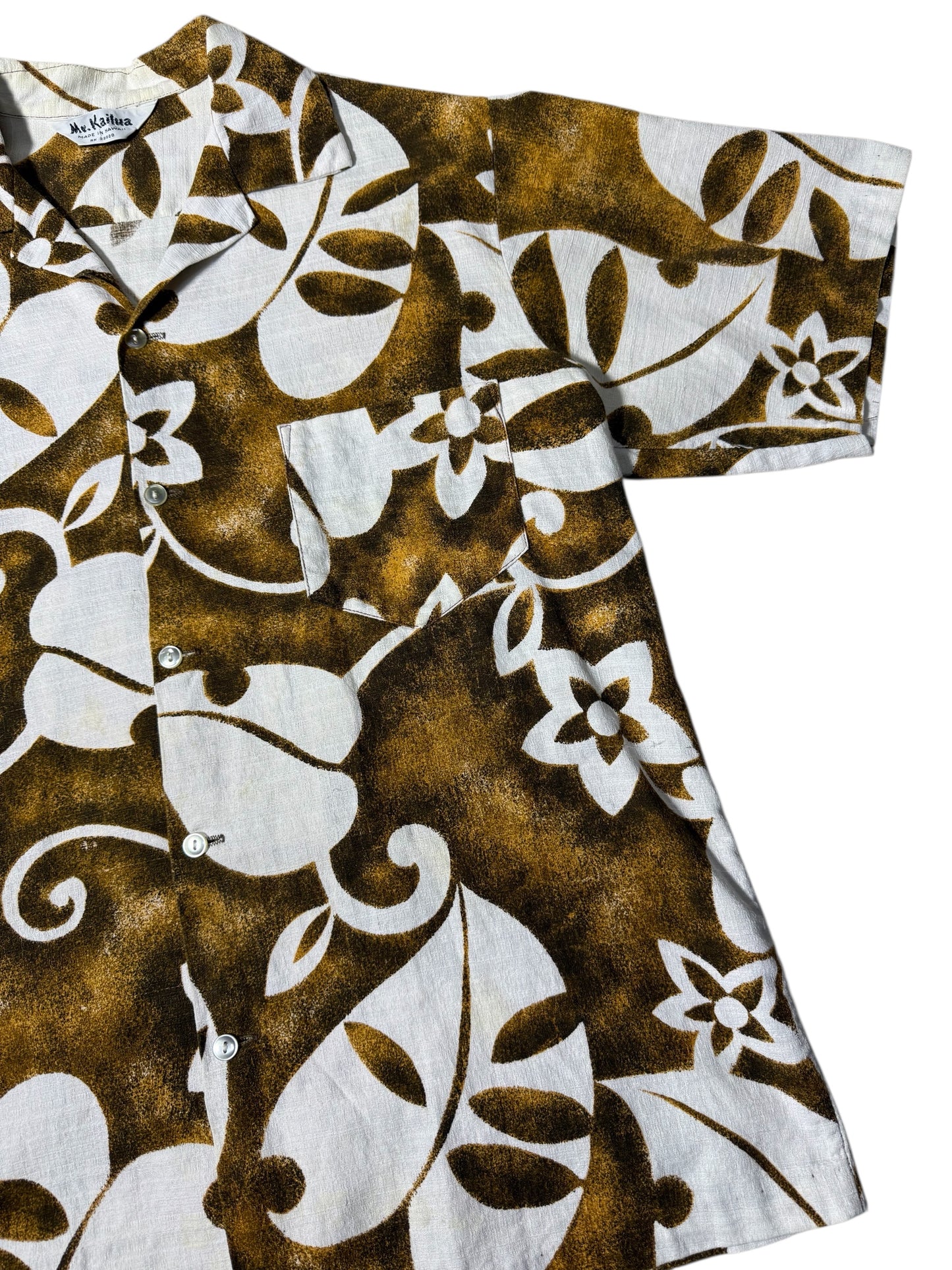 Vintage 1970s Mr. Kailua Hawaiian Aloha Shirt Brown/White Floral Made in Hawaii