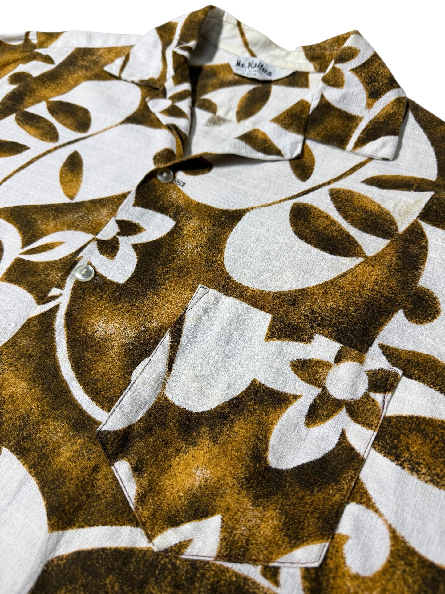 Vintage 1970s Mr. Kailua Hawaiian Aloha Shirt Brown/White Floral Made in Hawaii