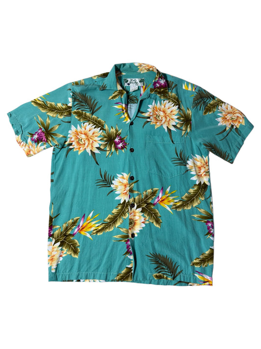 Vintage 1990sTwo Palms Hawaiian Rayon Aloha Shirt Teal Floral Made in Hawaii