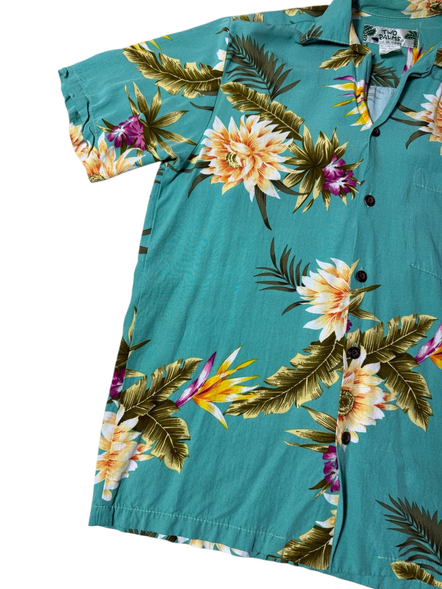 Vintage 1990sTwo Palms Hawaiian Rayon Aloha Shirt Teal Floral Made in Hawaii