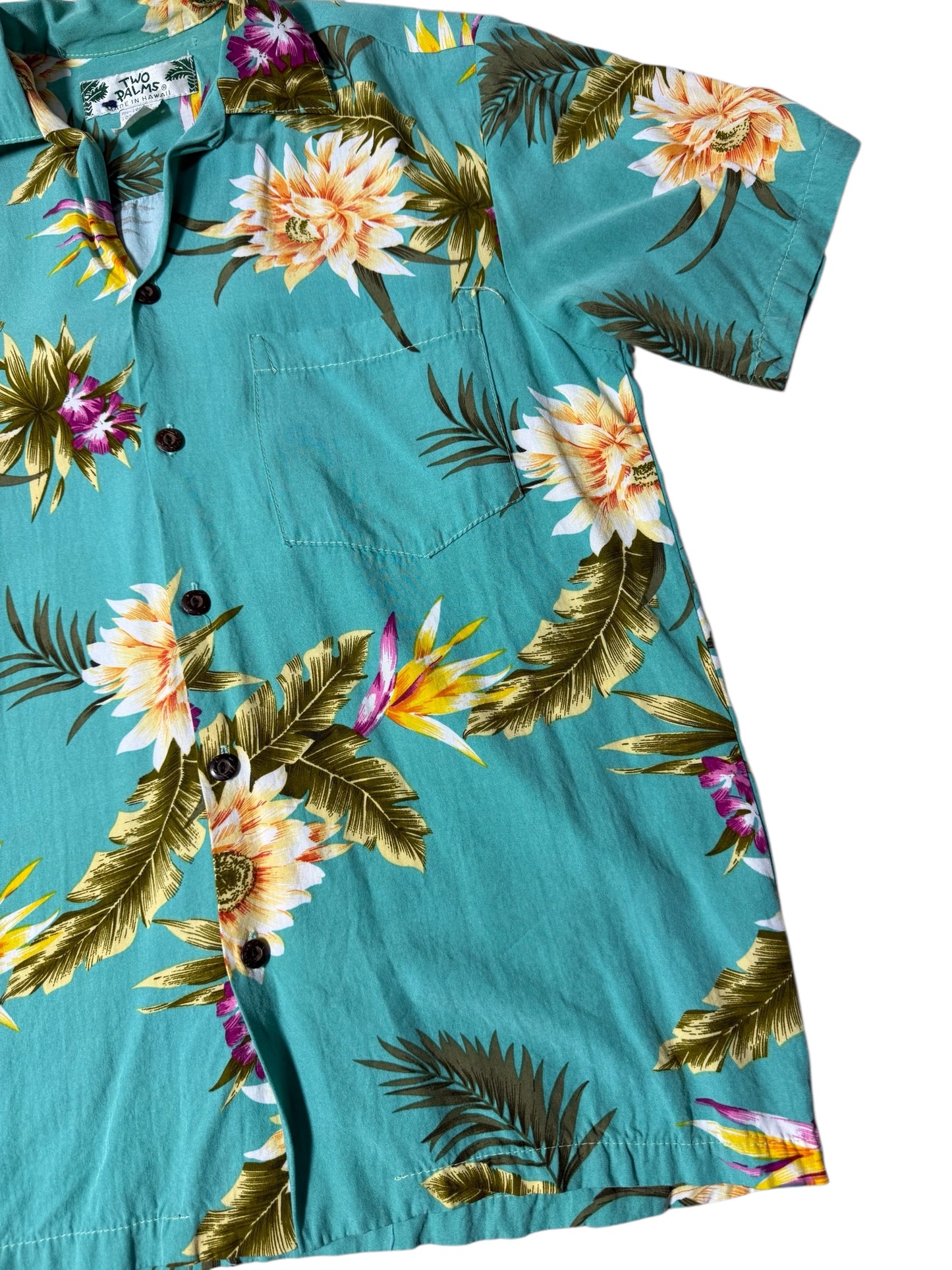 Vintage 1990sTwo Palms Hawaiian Rayon Aloha Shirt Teal Floral Made in Hawaii