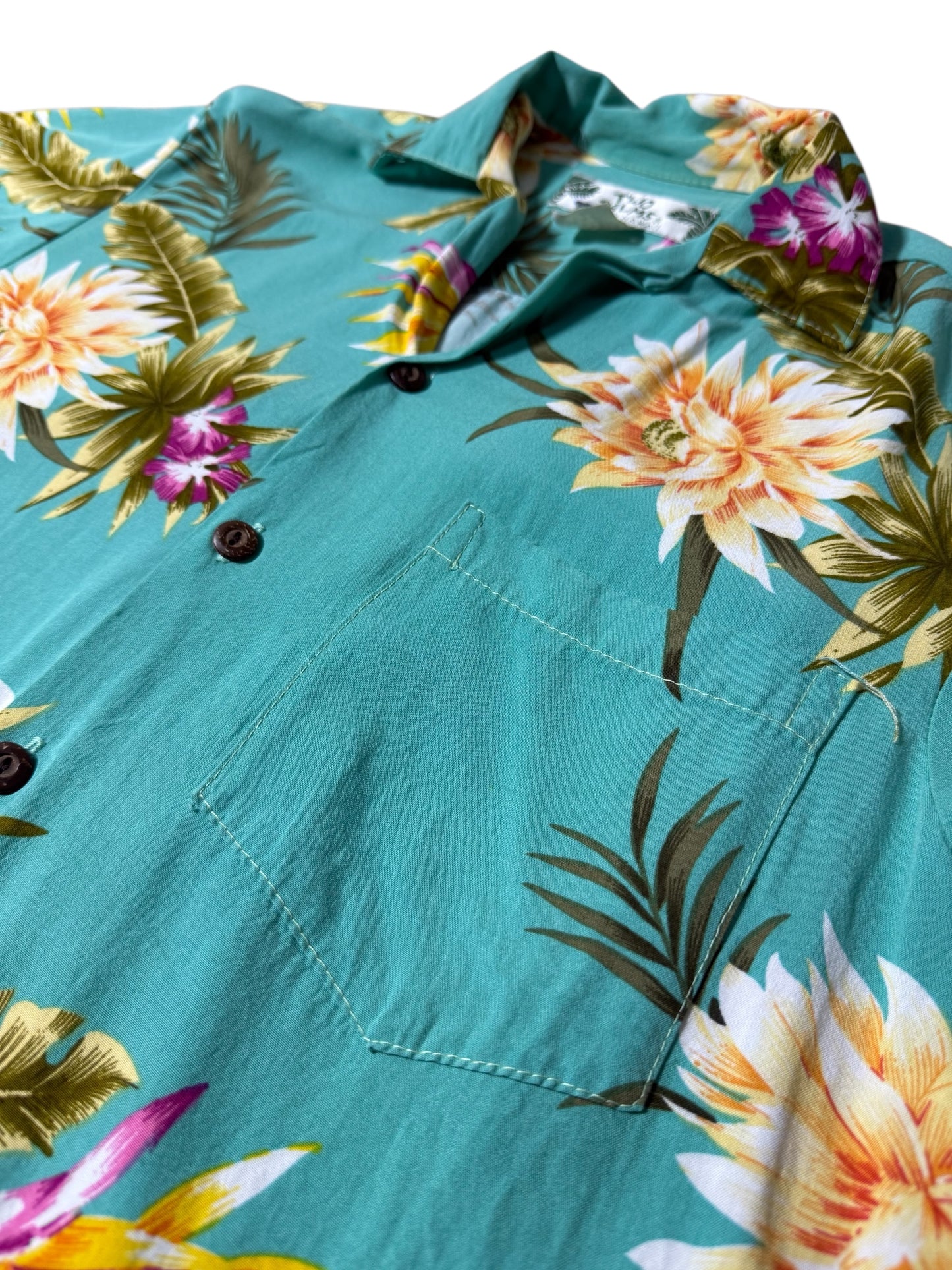 Vintage 1990sTwo Palms Hawaiian Rayon Aloha Shirt Teal Floral Made in Hawaii