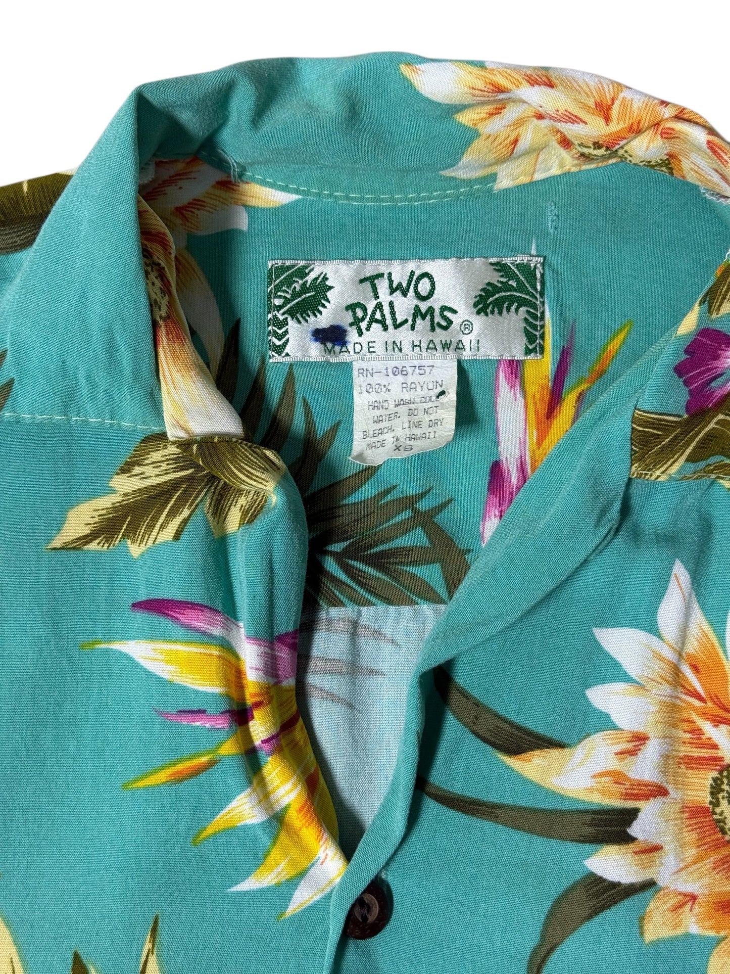 Vintage 1990sTwo Palms Hawaiian Rayon Aloha Shirt Teal Floral Made in Hawaii