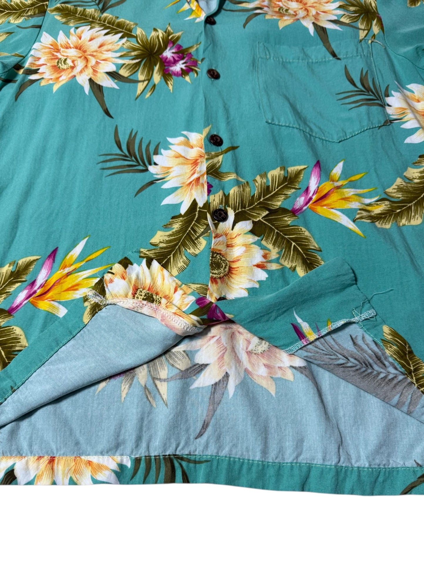 Vintage 1990sTwo Palms Hawaiian Rayon Aloha Shirt Teal Floral Made in Hawaii