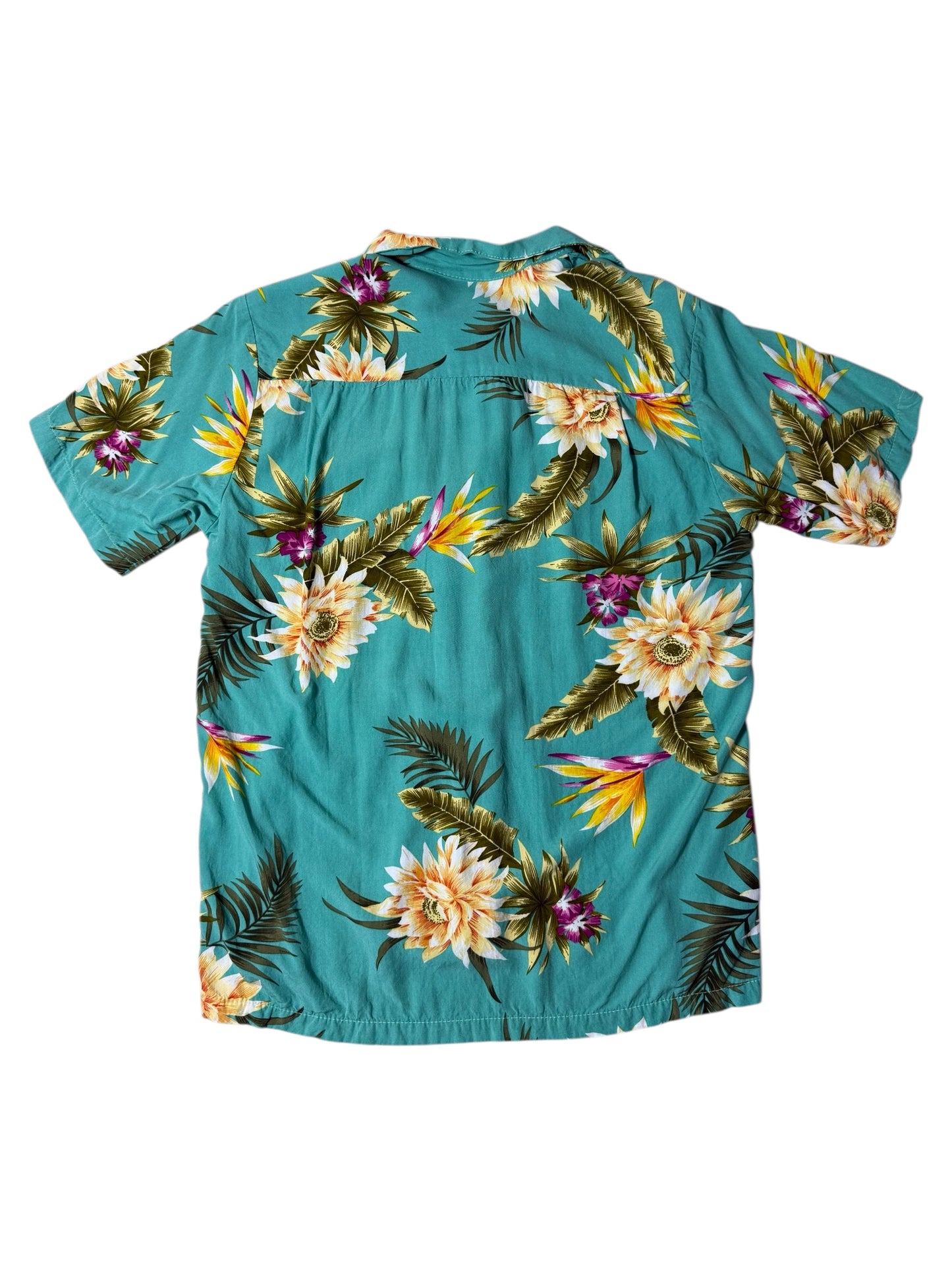Vintage 1990sTwo Palms Hawaiian Rayon Aloha Shirt Teal Floral Made in Hawaii