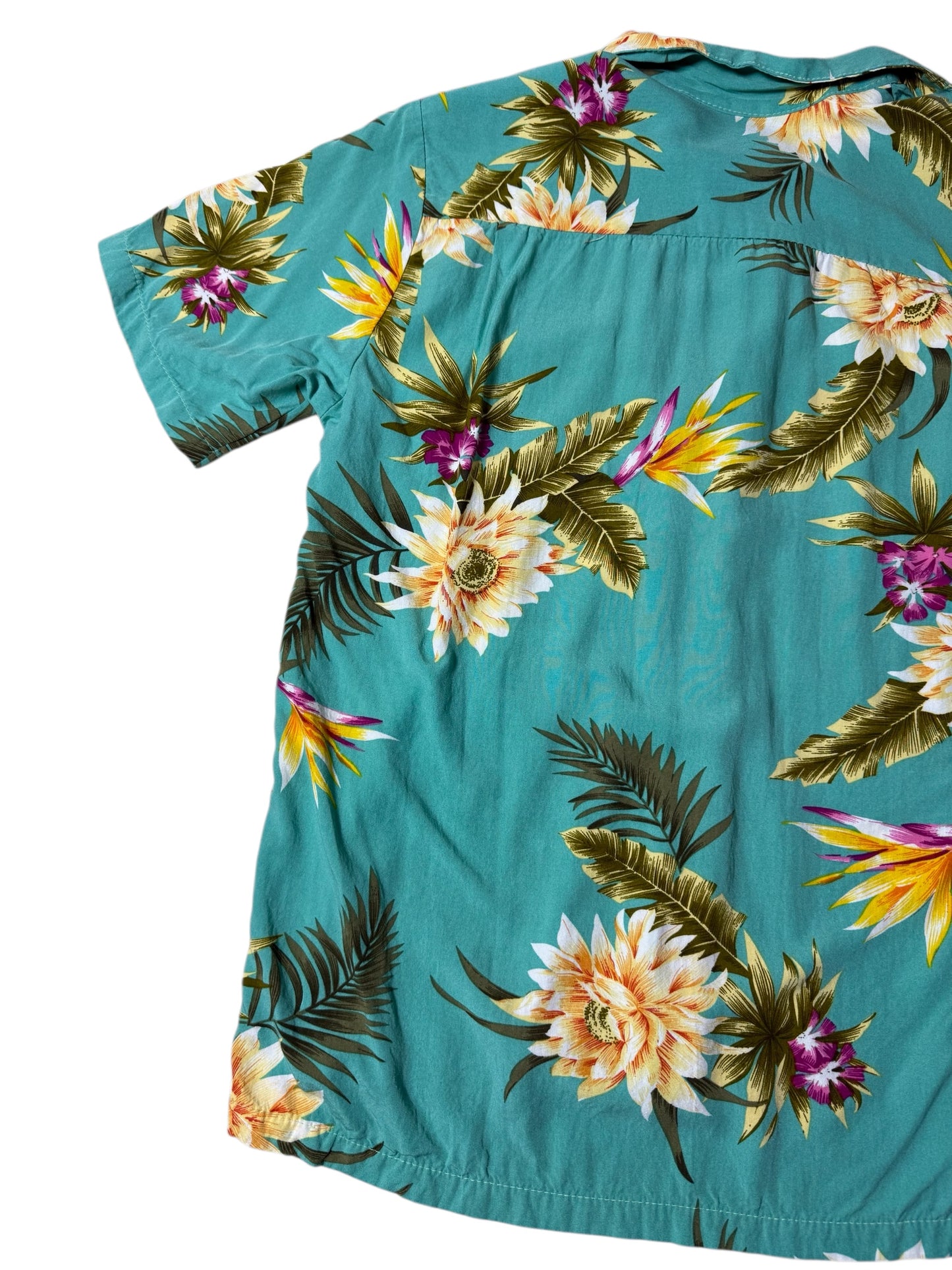 Vintage 1990sTwo Palms Hawaiian Rayon Aloha Shirt Teal Floral Made in Hawaii