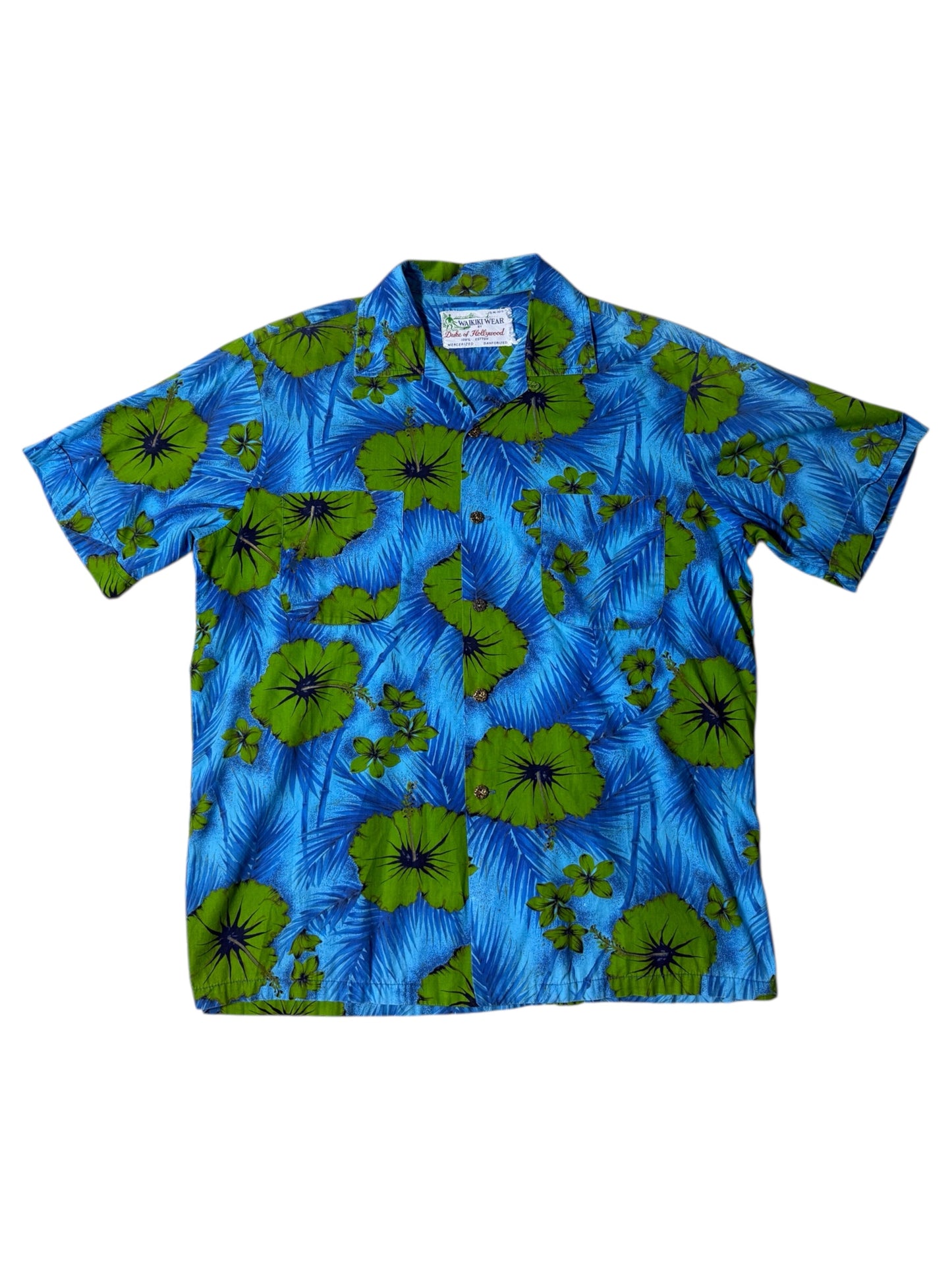 Vintage 1950s–60s Waikiki Wear Duke of Hollywood Aloha Shirt Blue/Green Floral Mercerized Cotton
