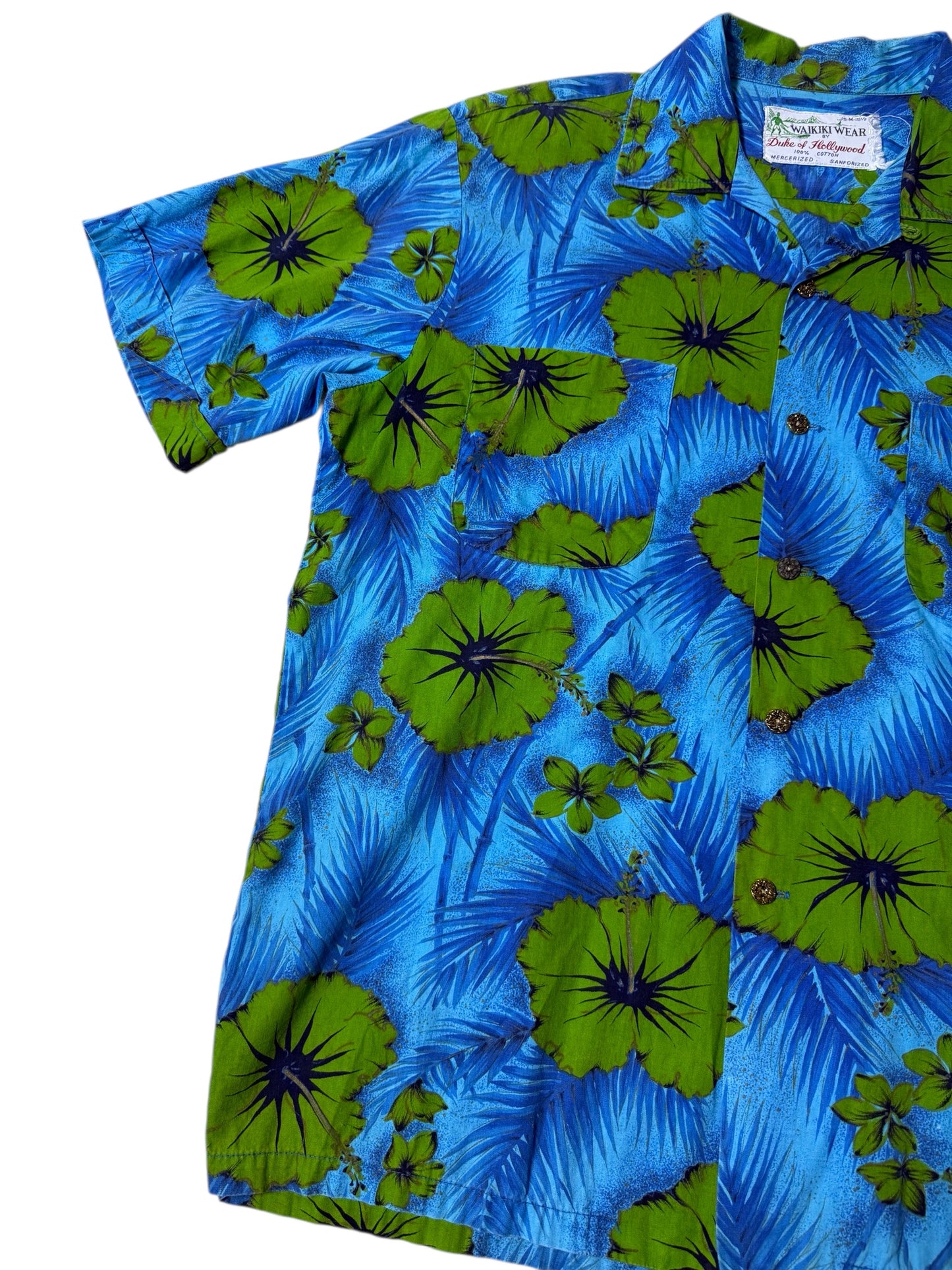 Vintage 1950s–60s Waikiki Wear Duke of Hollywood Aloha Shirt Blue/Green Floral Mercerized Cotton