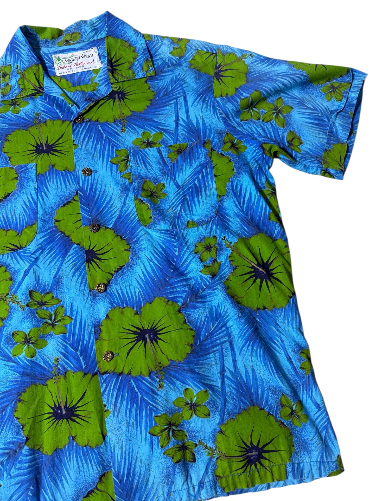 Vintage 1950s–60s Waikiki Wear Duke of Hollywood Aloha Shirt Blue/Green Floral Mercerized Cotton