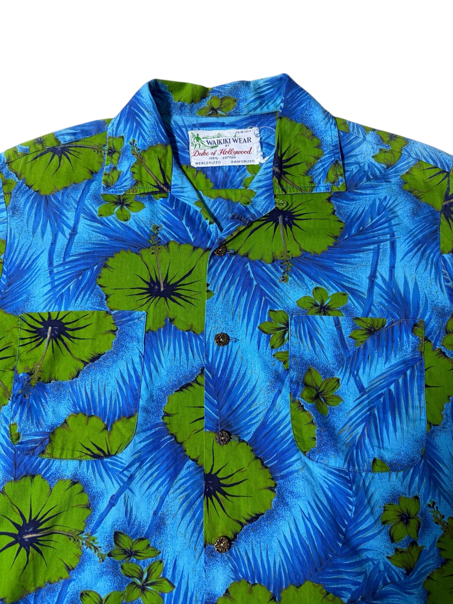 Vintage 1950s–60s Waikiki Wear Duke of Hollywood Aloha Shirt Blue/Green Floral Mercerized Cotton