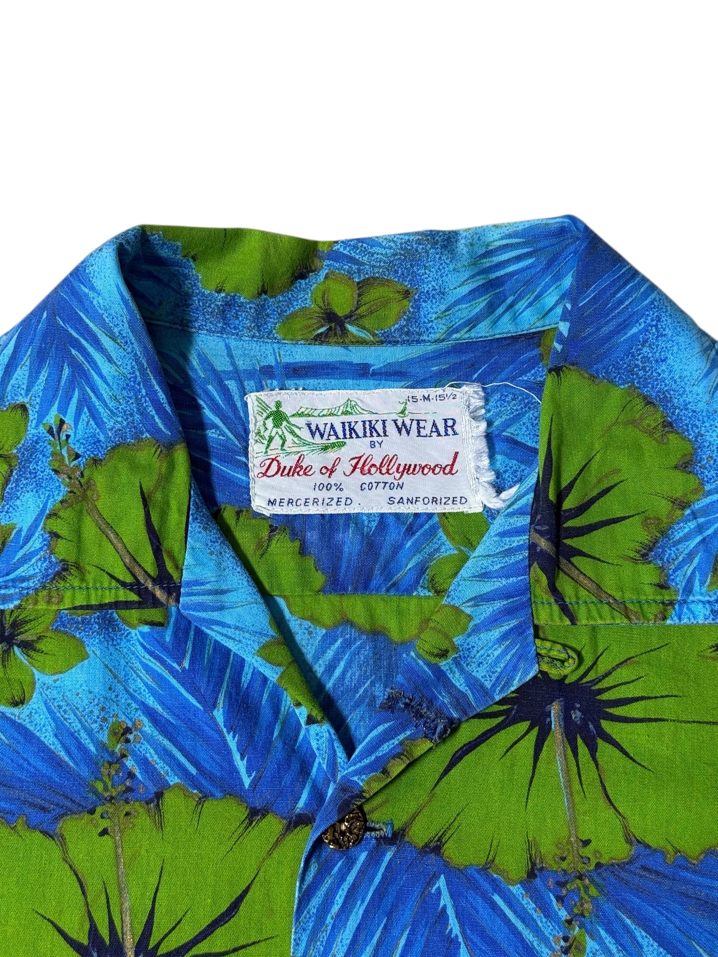 Vintage 1950s–60s Waikiki Wear Duke of Hollywood Aloha Shirt Blue/Green Floral Mercerized Cotton
