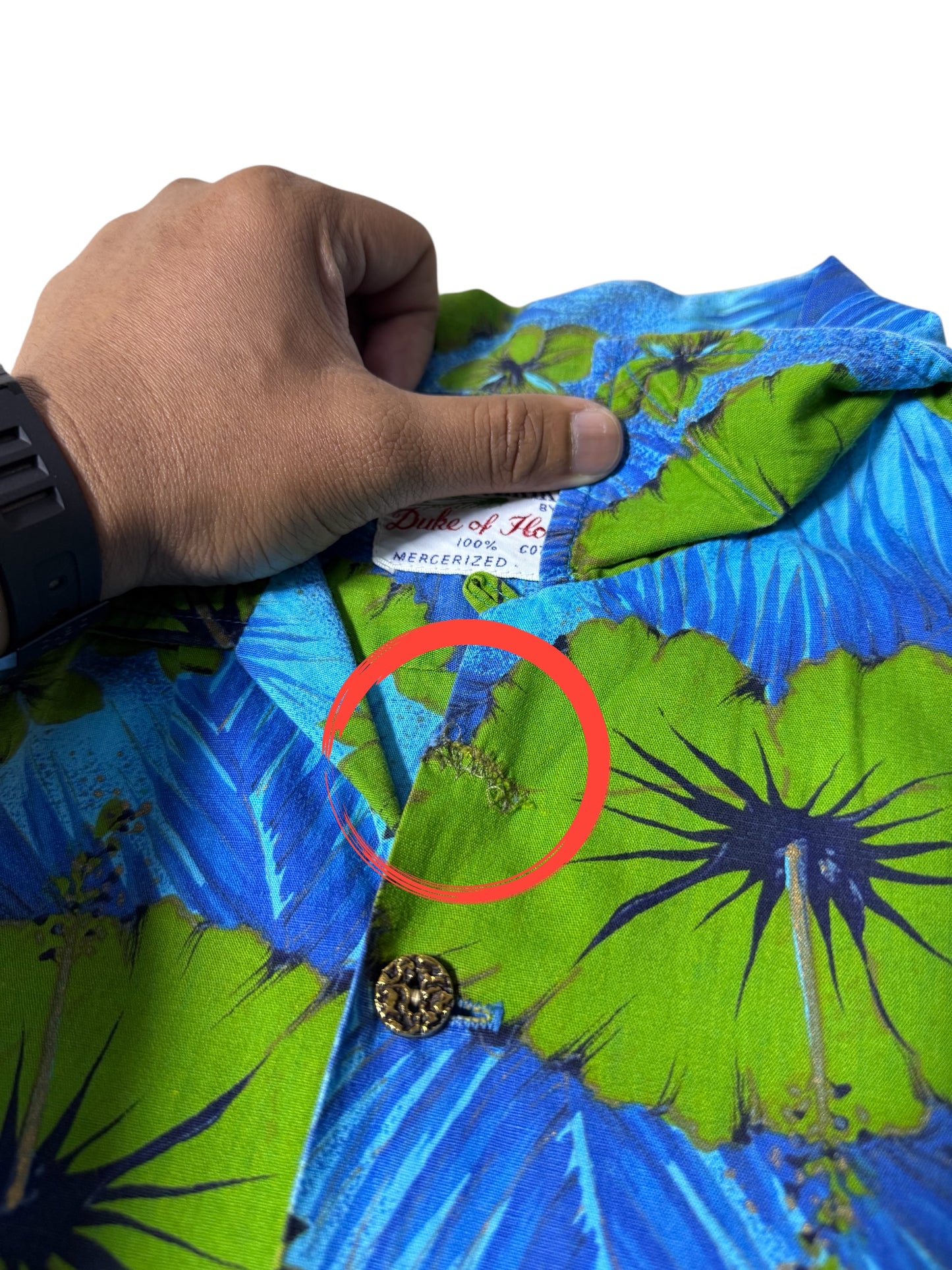 Vintage 1950s–60s Waikiki Wear Duke of Hollywood Aloha Shirt Blue/Green Floral Mercerized Cotton