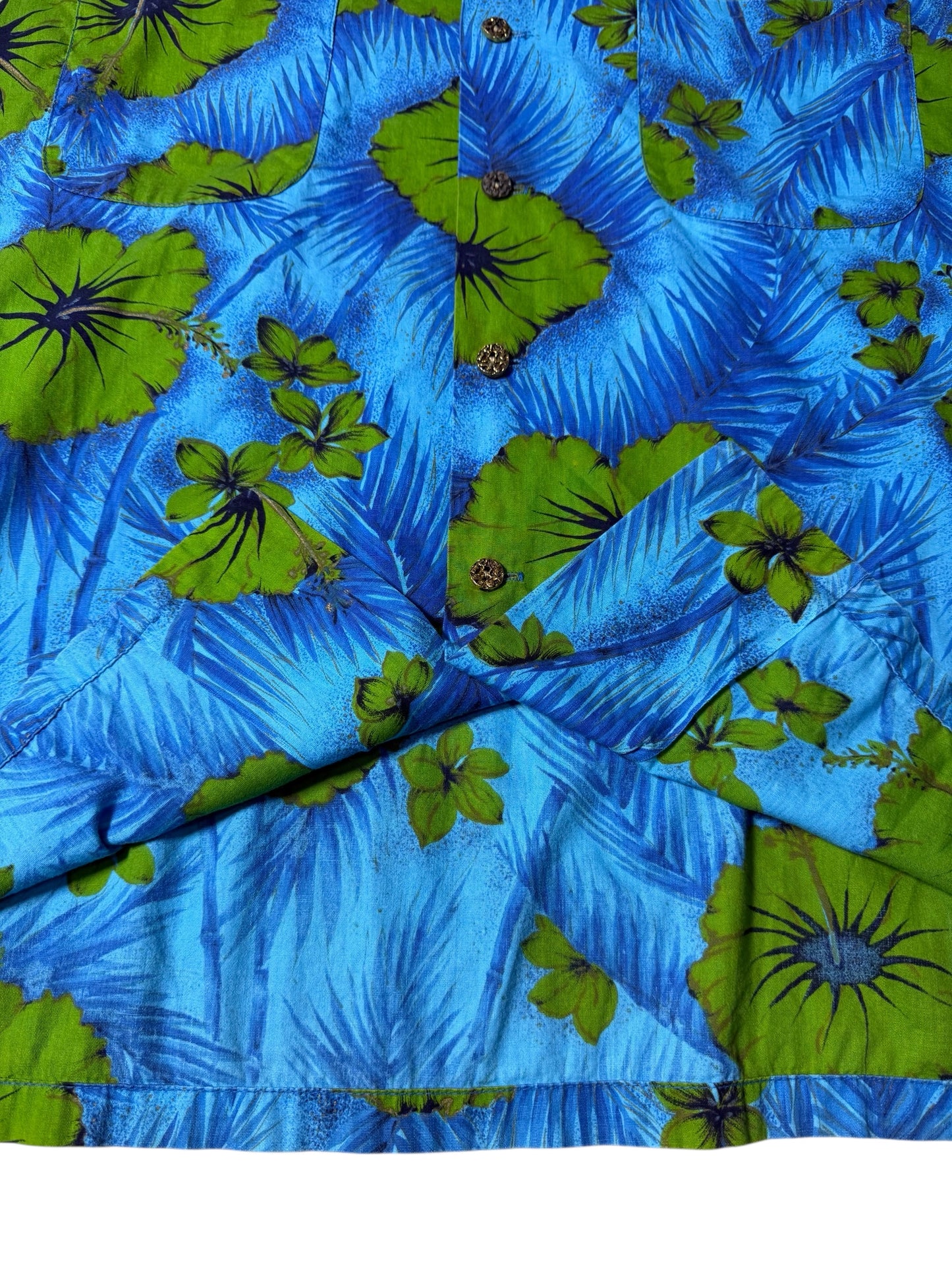 Vintage 1950s–60s Waikiki Wear Duke of Hollywood Aloha Shirt Blue/Green Floral Mercerized Cotton
