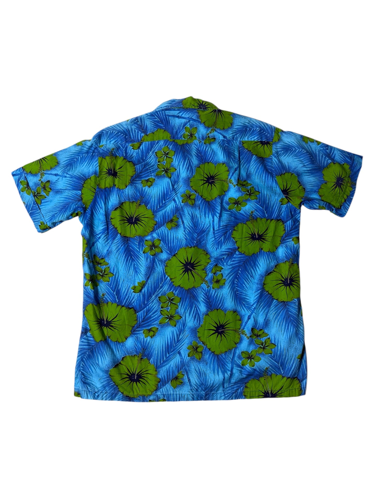 Vintage 1950s–60s Waikiki Wear Duke of Hollywood Aloha Shirt Blue/Green Floral Mercerized Cotton