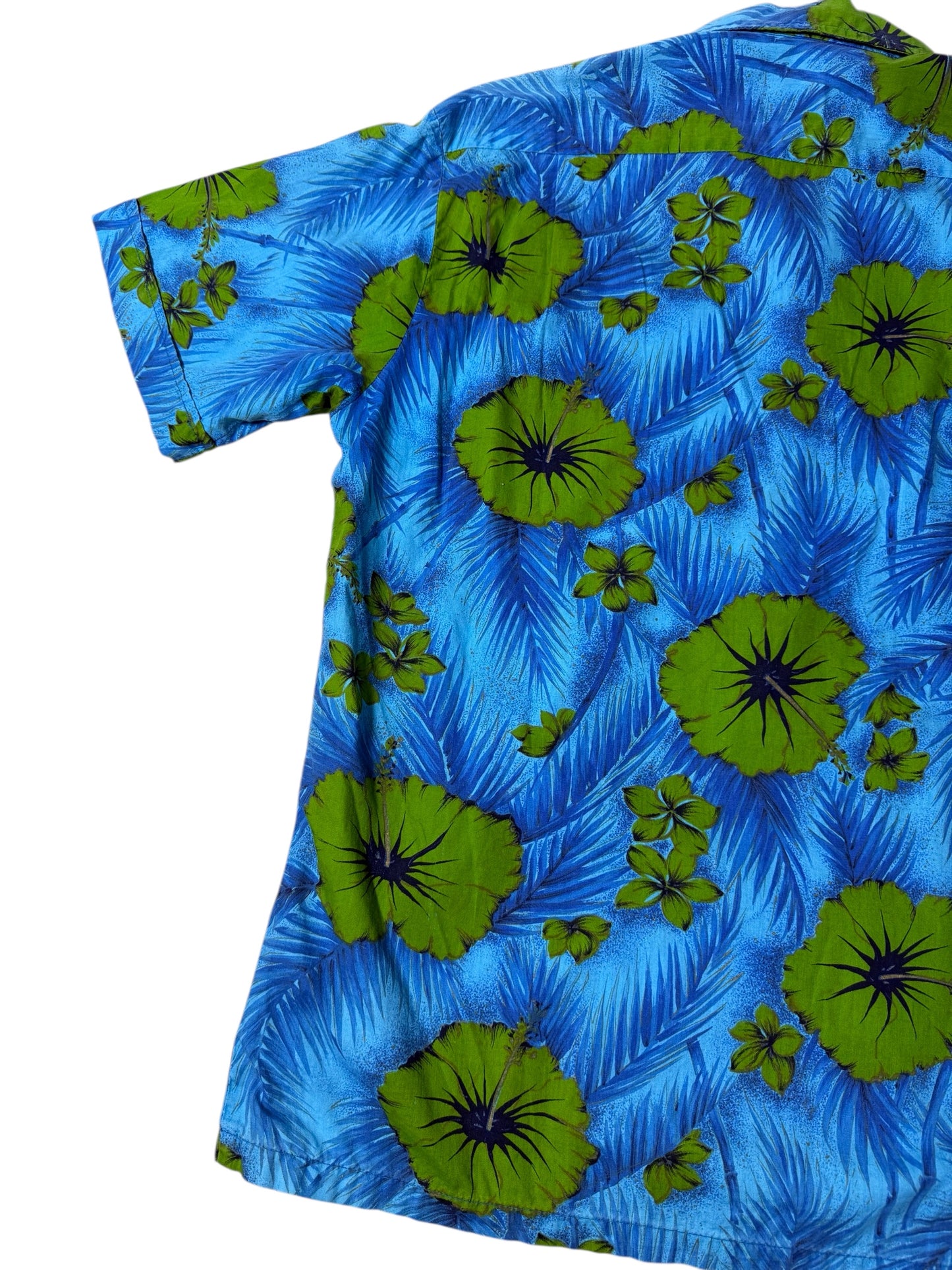 Vintage 1950s–60s Waikiki Wear Duke of Hollywood Aloha Shirt Blue/Green Floral Mercerized Cotton