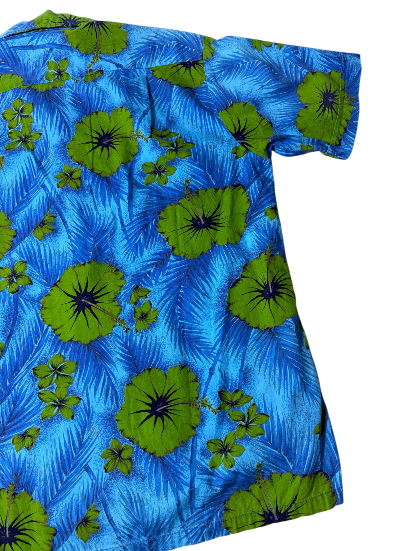 Vintage 1950s–60s Waikiki Wear Duke of Hollywood Aloha Shirt Blue/Green Floral Mercerized Cotton
