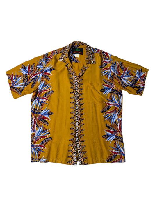 Vintage 1990s Pineapple Juice Hawaiian Rayon Aloha Shirt Mustard Floral Panel Made in Hawaii