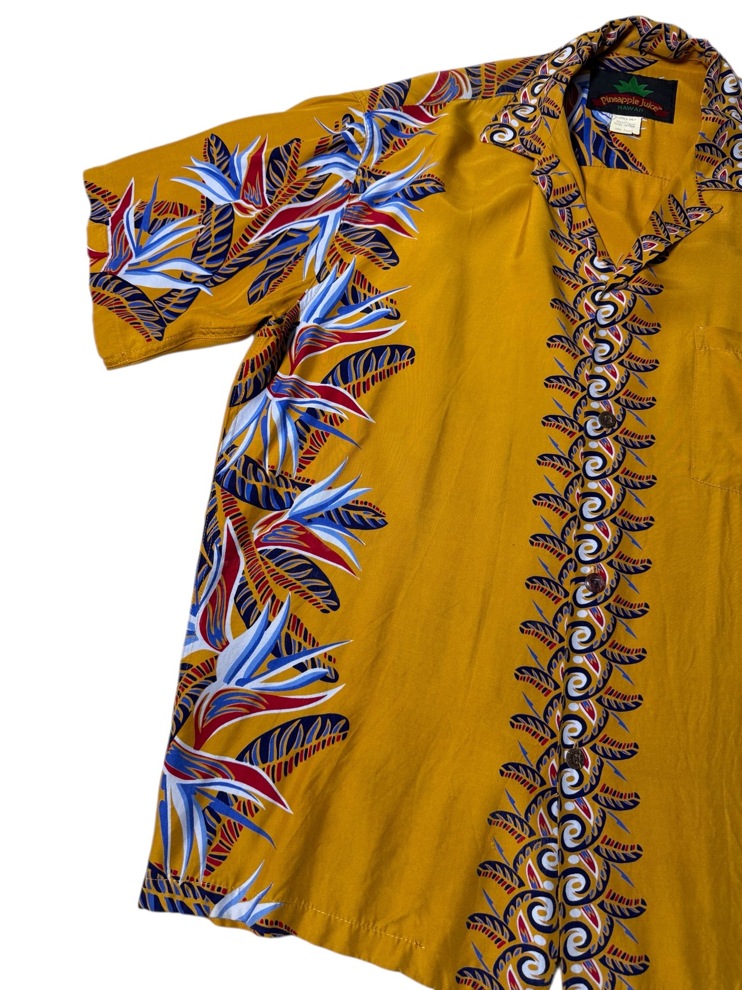 Vintage 1990s Pineapple Juice Hawaiian Rayon Aloha Shirt Mustard Floral Panel Made in Hawaii