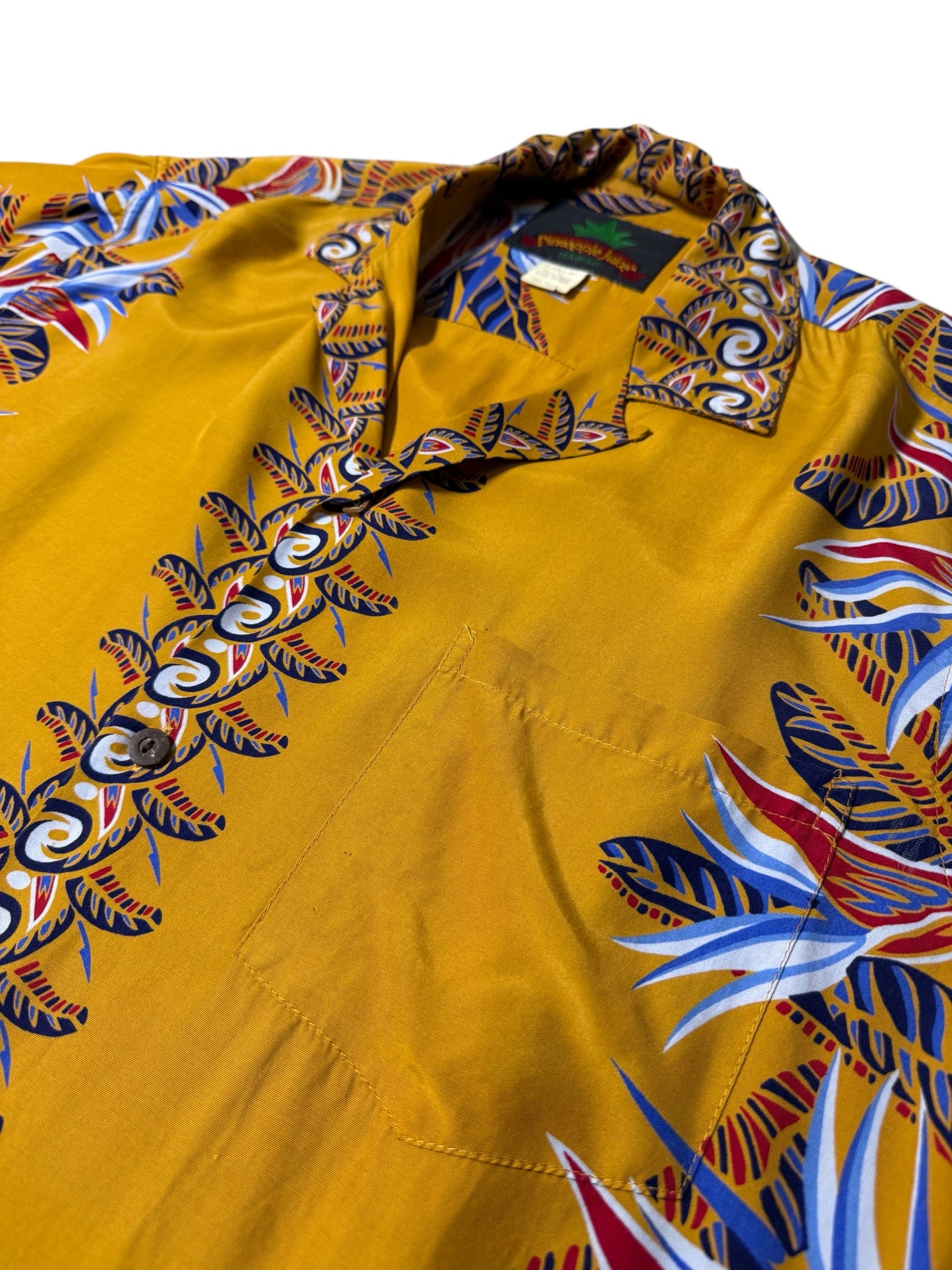 Vintage 1990s Pineapple Juice Hawaiian Rayon Aloha Shirt Mustard Floral Panel Made in Hawaii