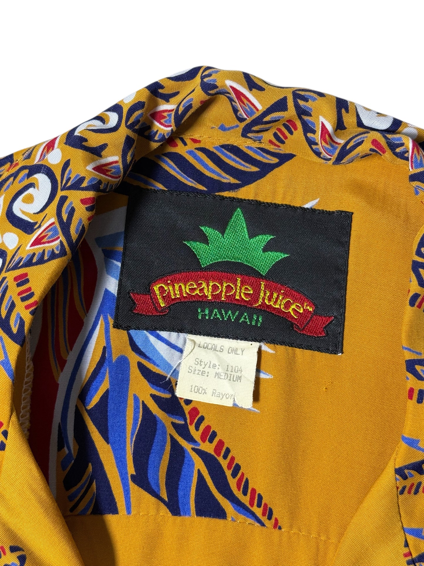 Vintage 1990s Pineapple Juice Hawaiian Rayon Aloha Shirt Mustard Floral Panel Made in Hawaii