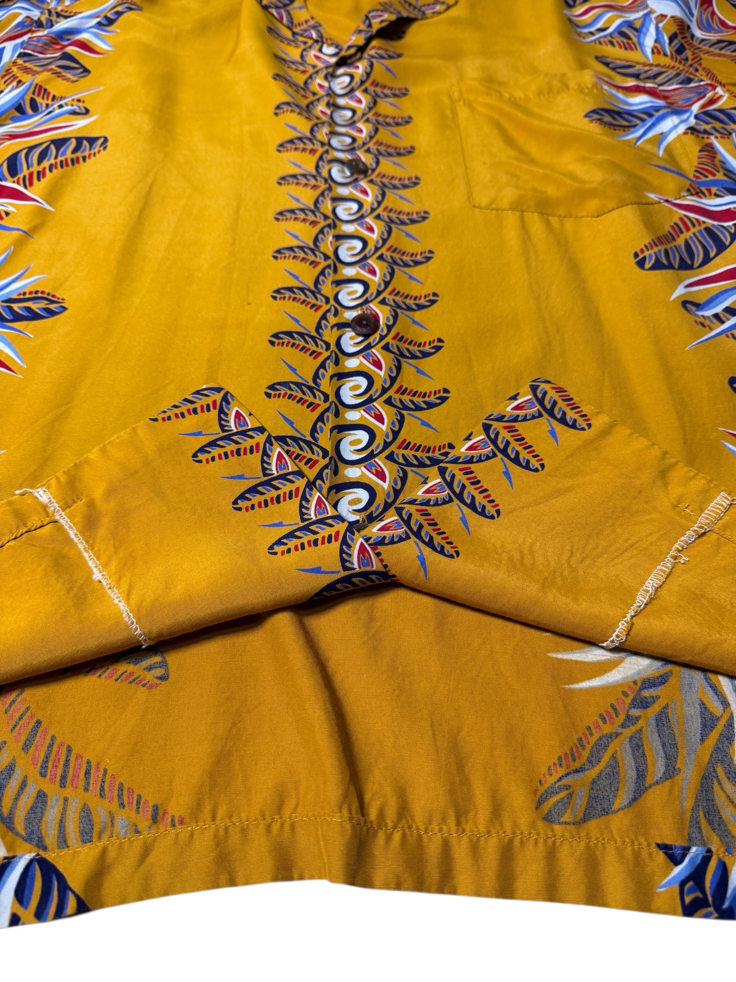 Vintage 1990s Pineapple Juice Hawaiian Rayon Aloha Shirt Mustard Floral Panel Made in Hawaii