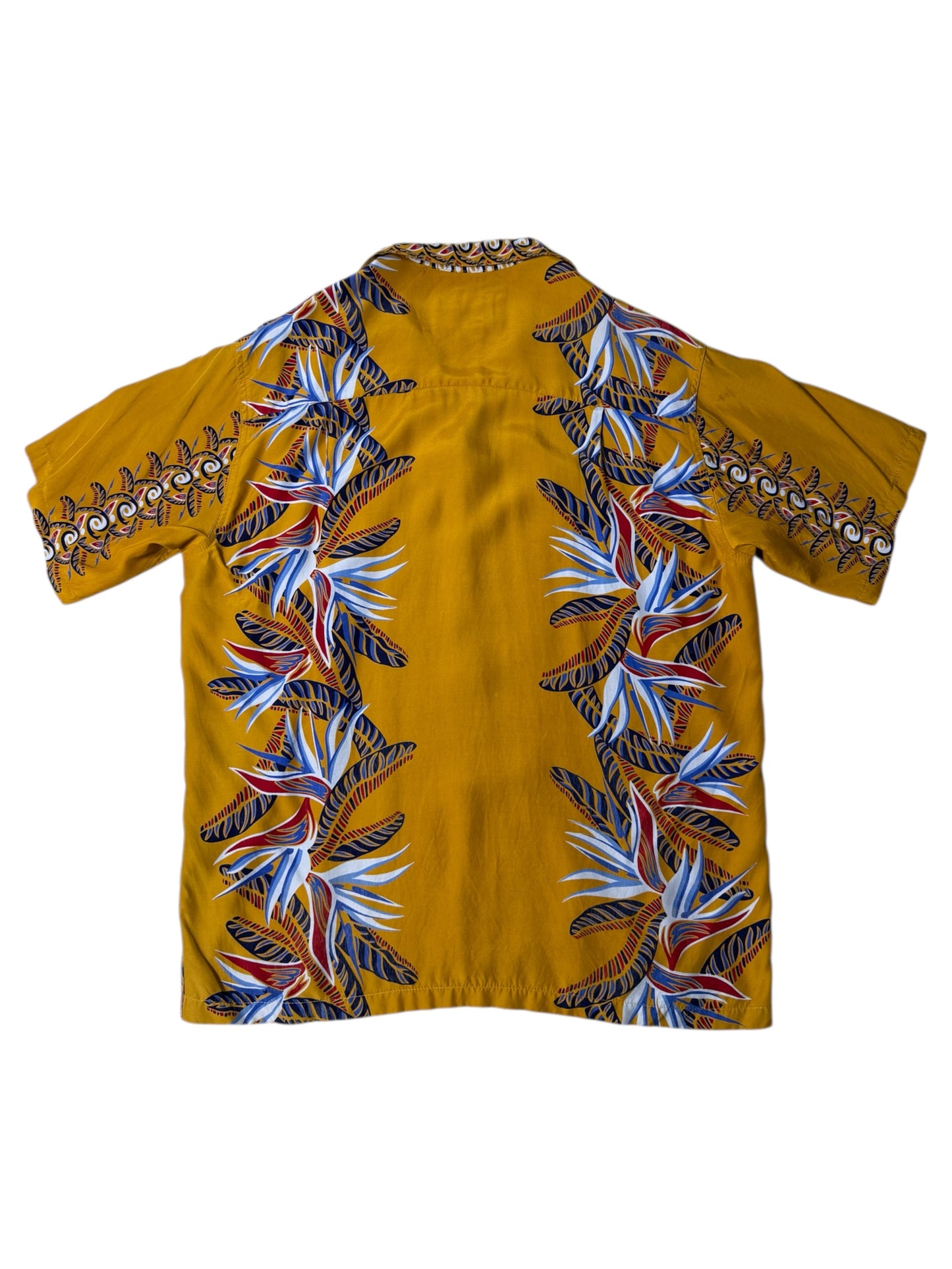 Vintage 1990s Pineapple Juice Hawaiian Rayon Aloha Shirt Mustard Floral Panel Made in Hawaii