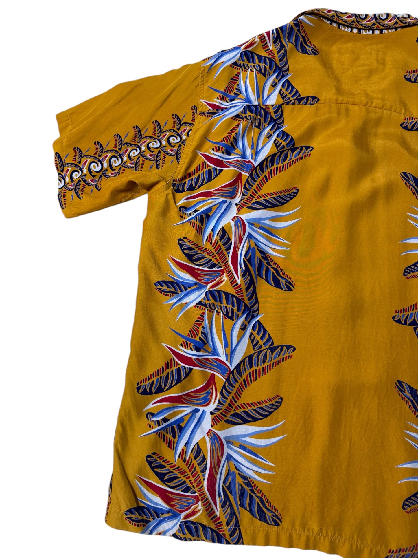 Vintage 1990s Pineapple Juice Hawaiian Rayon Aloha Shirt Mustard Floral Panel Made in Hawaii