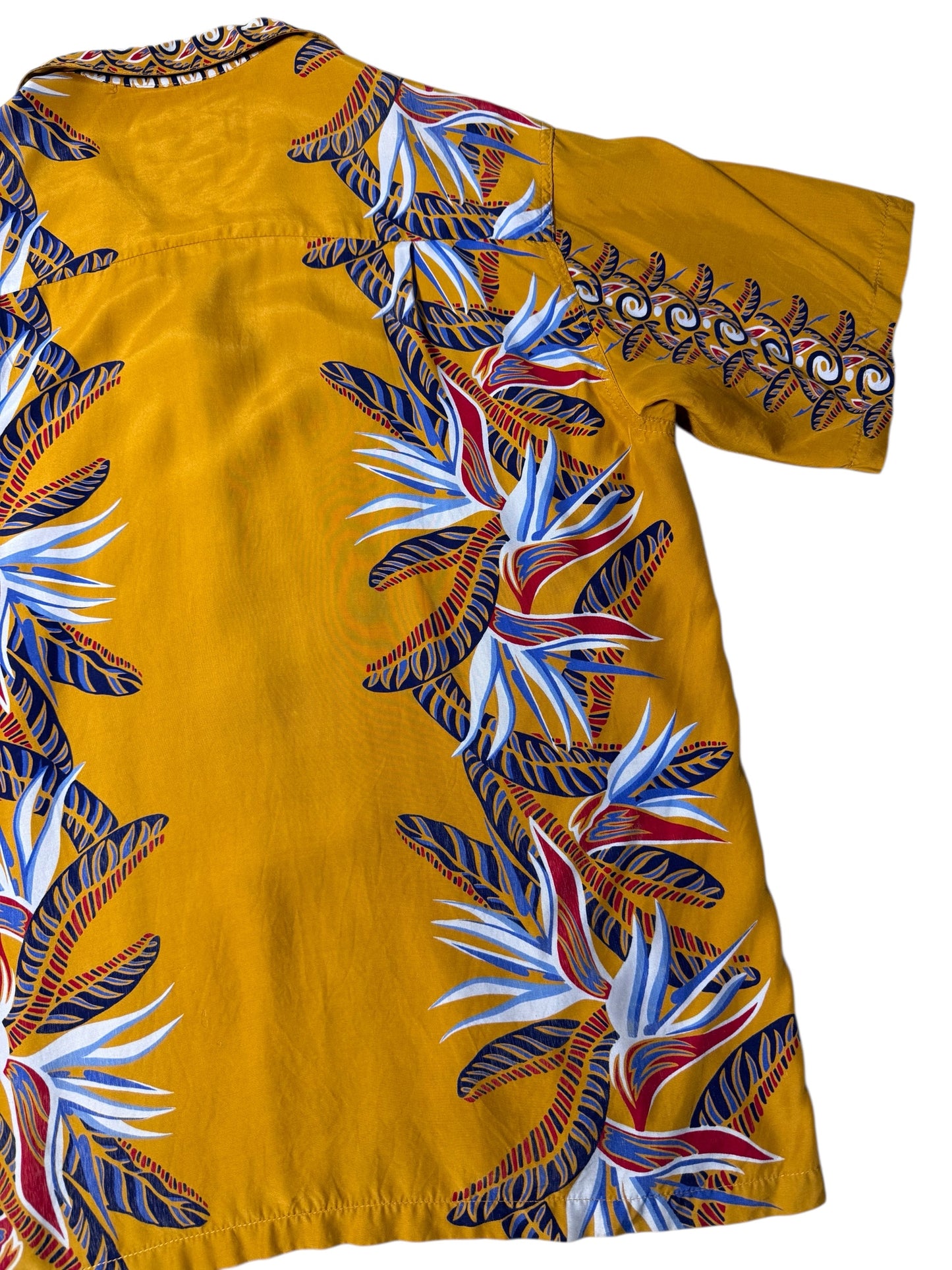 Vintage 1990s Pineapple Juice Hawaiian Rayon Aloha Shirt Mustard Floral Panel Made in Hawaii