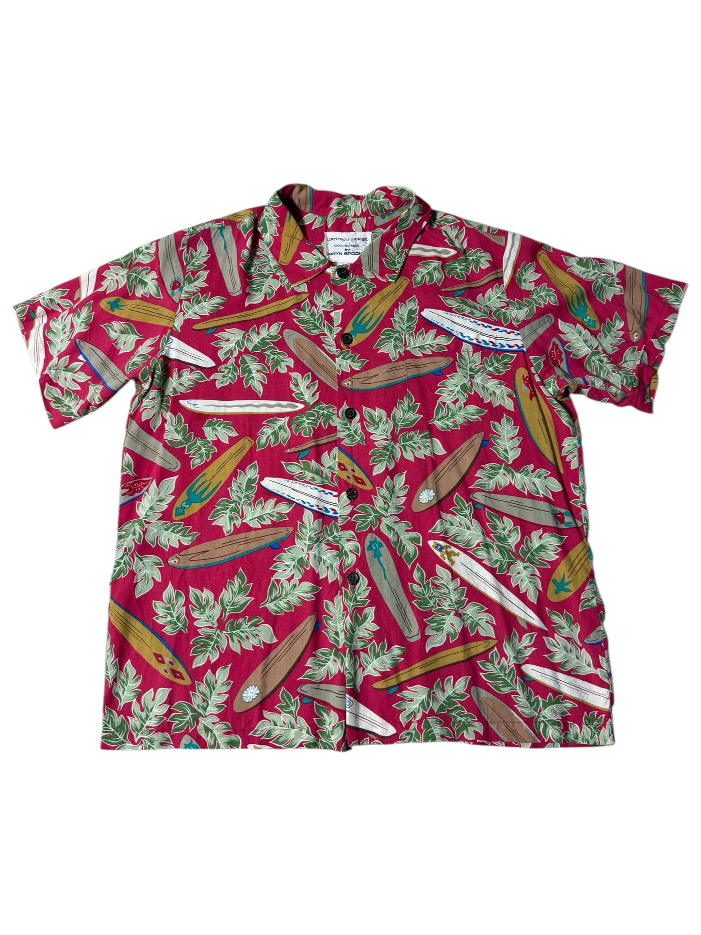 Vintage 1990s Dietrich Varez by Reyn Spooner Hawaiian Rayon Aloha Shirt Red Surfboard Print