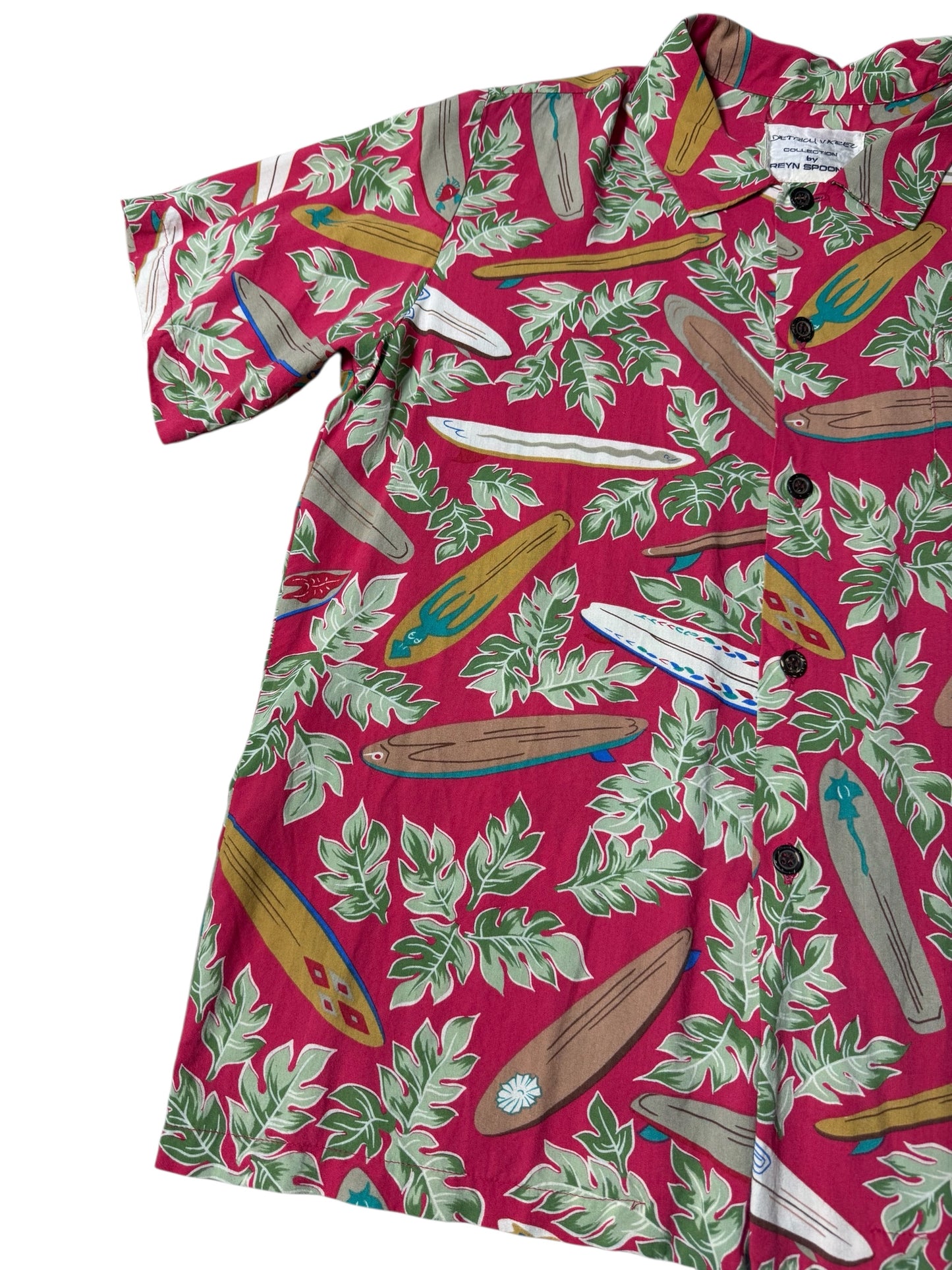 Vintage 1990s Dietrich Varez by Reyn Spooner Hawaiian Rayon Aloha Shirt Red Surfboard Print