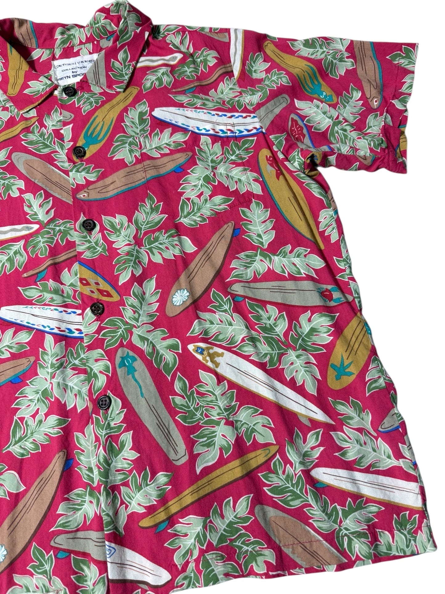 Vintage 1990s Dietrich Varez by Reyn Spooner Hawaiian Rayon Aloha Shirt Red Surfboard Print