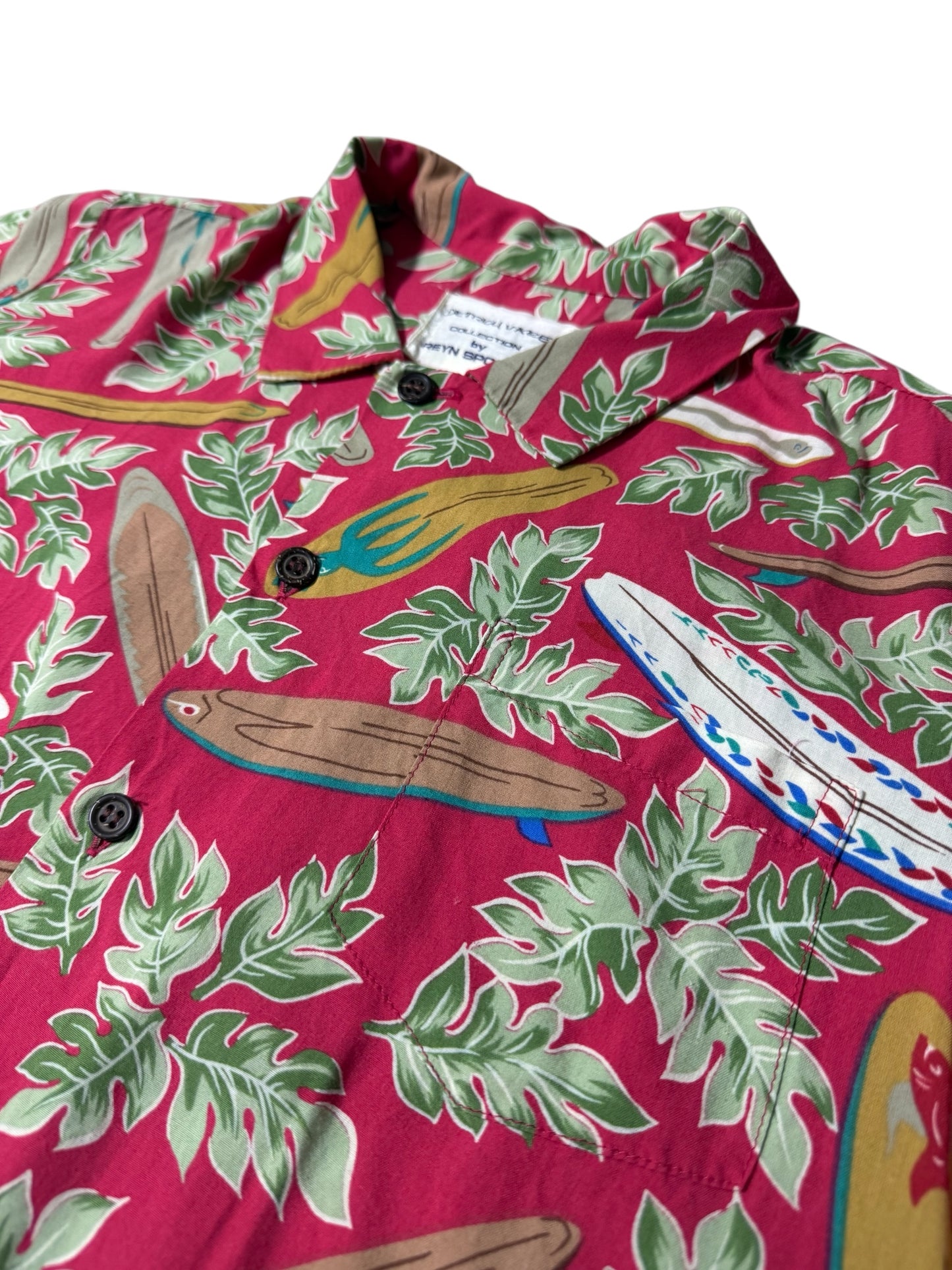 Vintage 1990s Dietrich Varez by Reyn Spooner Hawaiian Rayon Aloha Shirt Red Surfboard Print