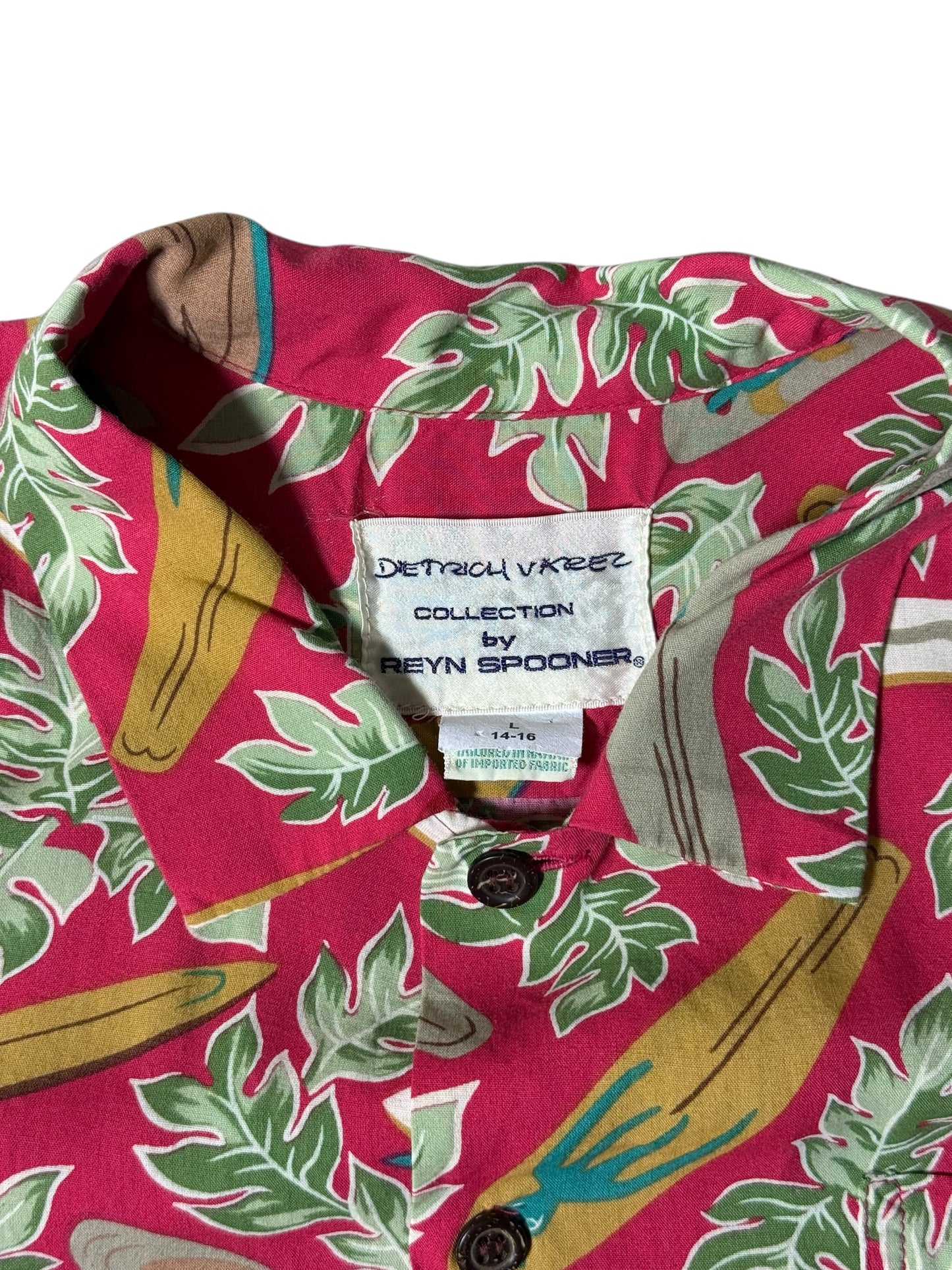 Vintage 1990s Dietrich Varez by Reyn Spooner Hawaiian Rayon Aloha Shirt Red Surfboard Print