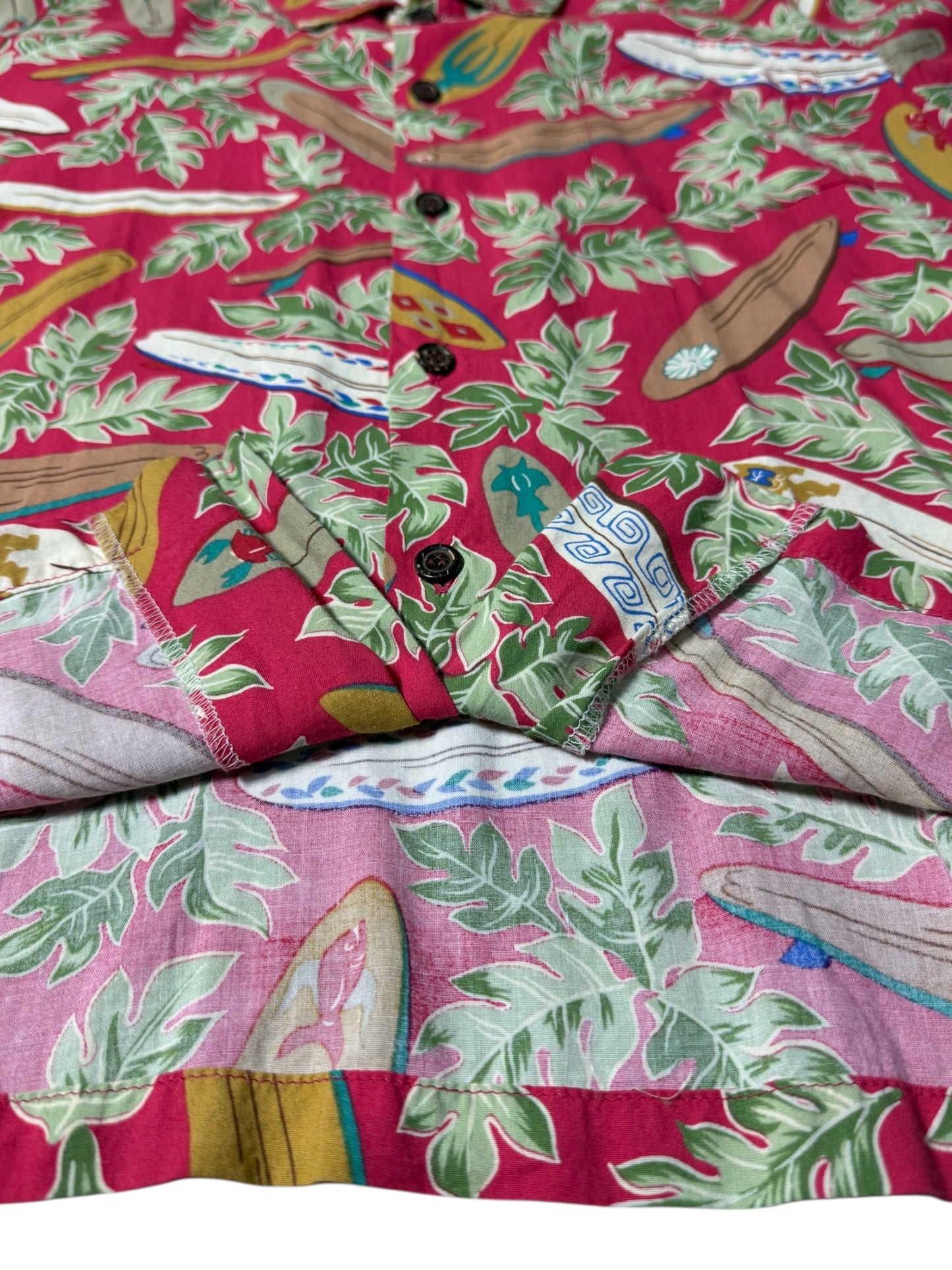 Vintage 1990s Dietrich Varez by Reyn Spooner Hawaiian Rayon Aloha Shirt Red Surfboard Print
