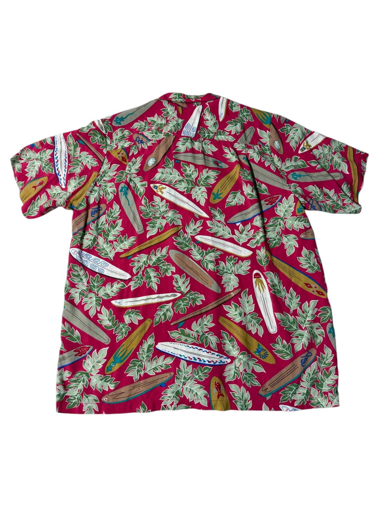 Vintage 1990s Dietrich Varez by Reyn Spooner Hawaiian Rayon Aloha Shirt Red Surfboard Print