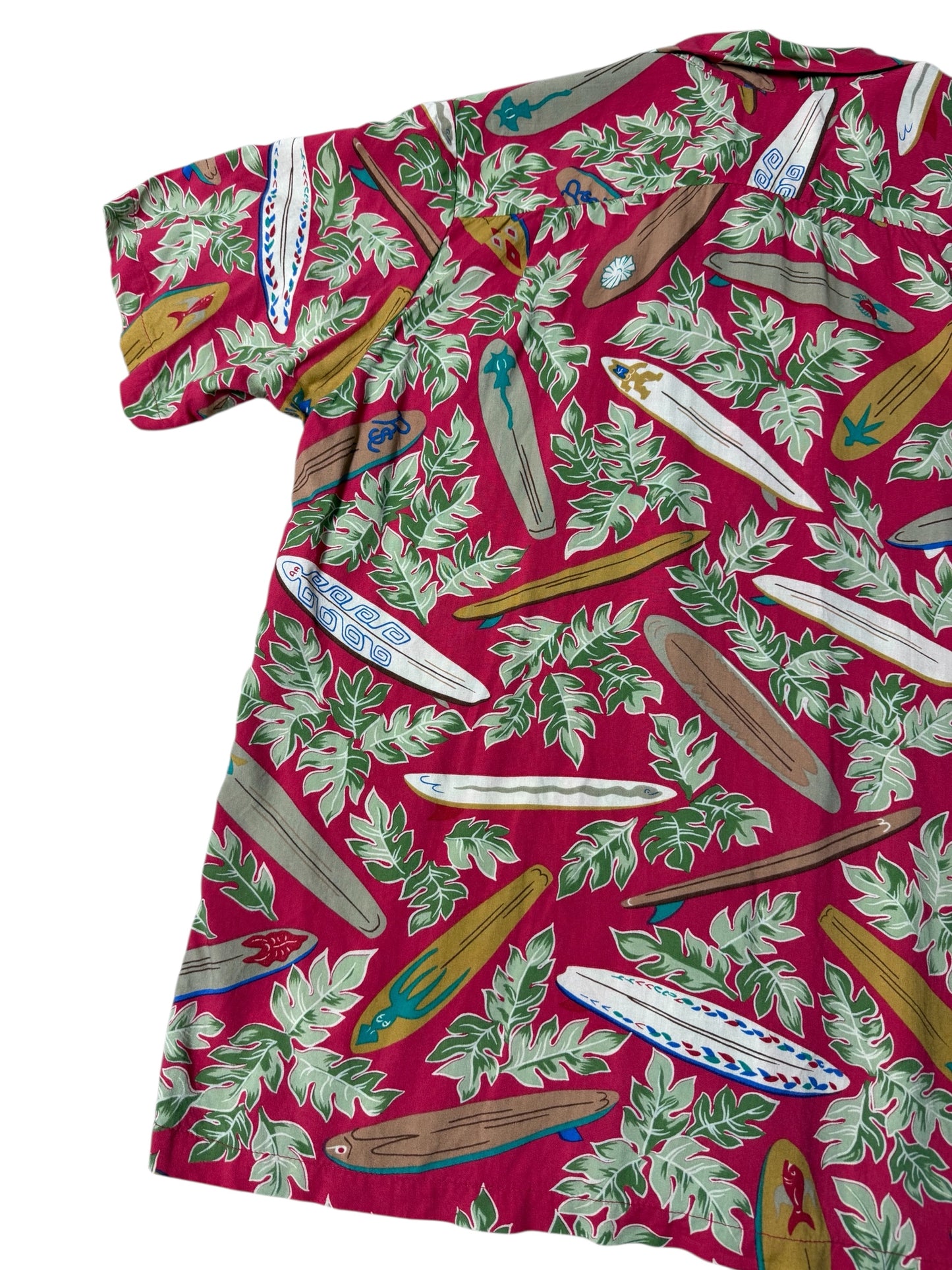 Vintage 1990s Dietrich Varez by Reyn Spooner Hawaiian Rayon Aloha Shirt Red Surfboard Print