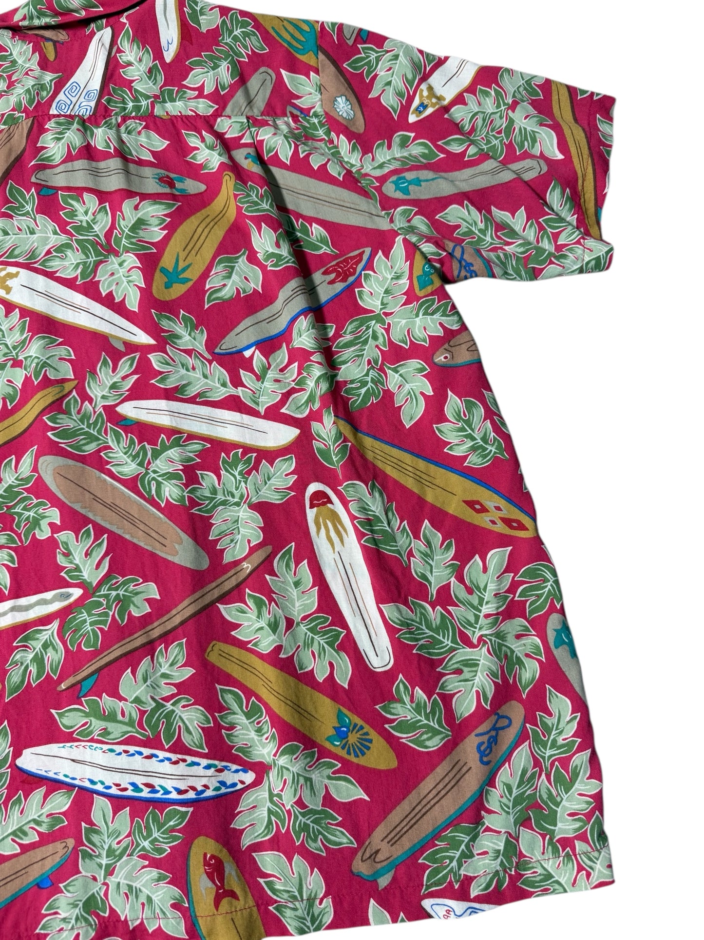 Vintage 1990s Dietrich Varez by Reyn Spooner Hawaiian Rayon Aloha Shirt Red Surfboard Print
