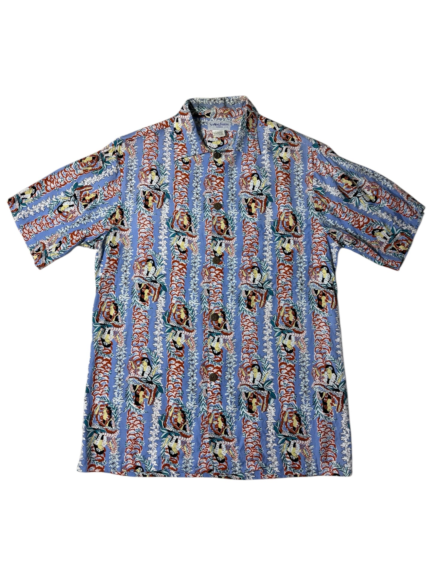 Vintage 1990s Sunmari Fashions Hawaiian Rayon Aloha Shirt Blue Hula Girl Print Made in Hawaii