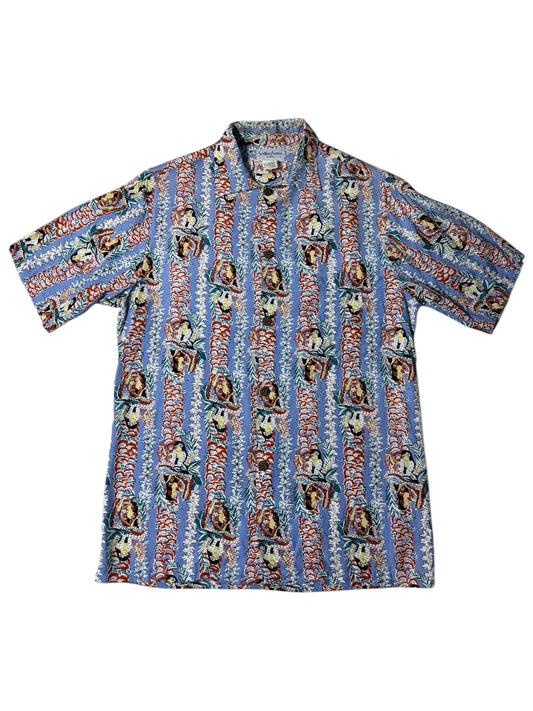 Vintage 1990s Sunmari Fashions Hawaiian Rayon Aloha Shirt Blue Hula Girl Print Made in Hawaii
