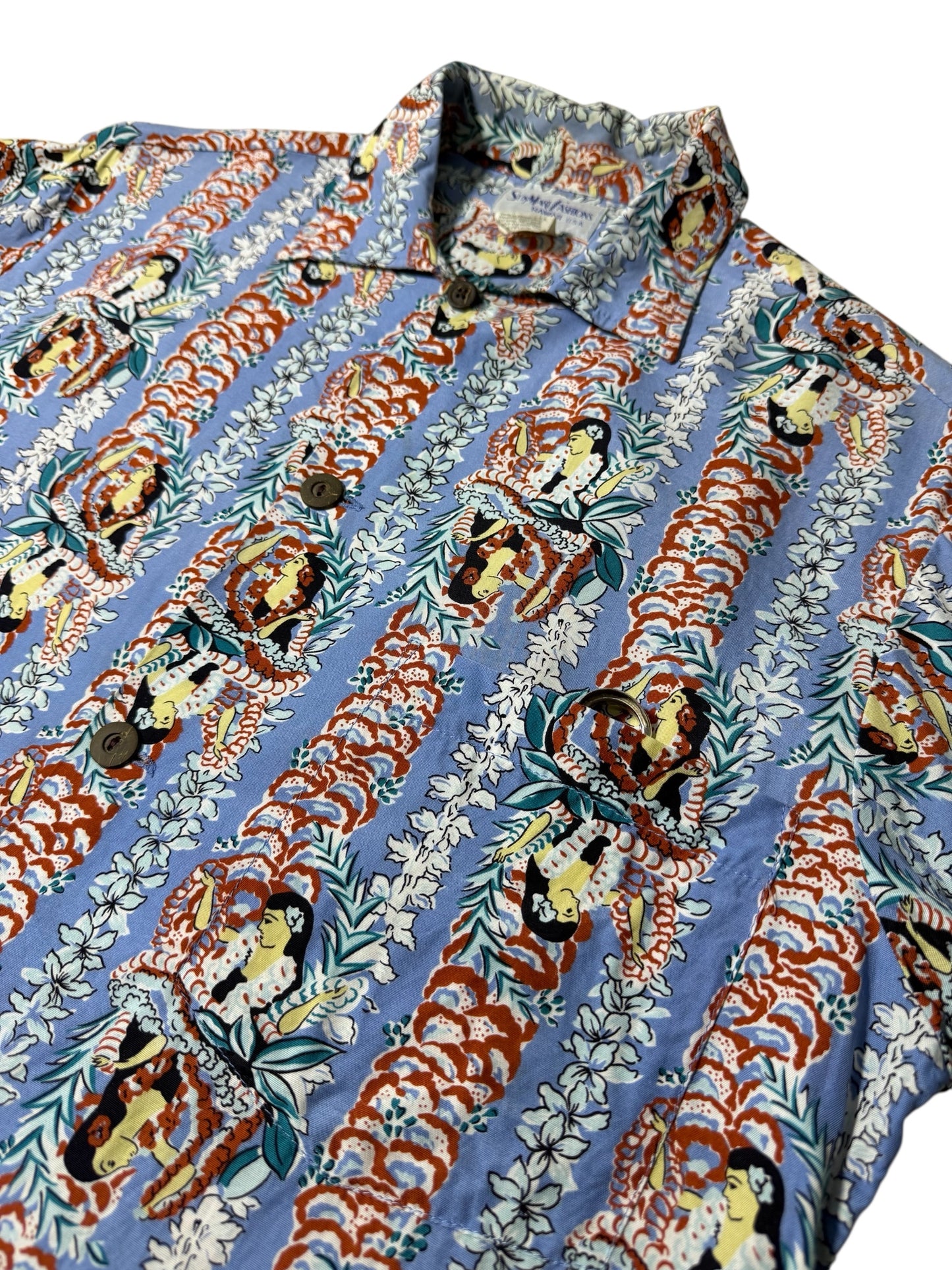 Vintage 1990s Sunmari Fashions Hawaiian Rayon Aloha Shirt Blue Hula Girl Print Made in Hawaii