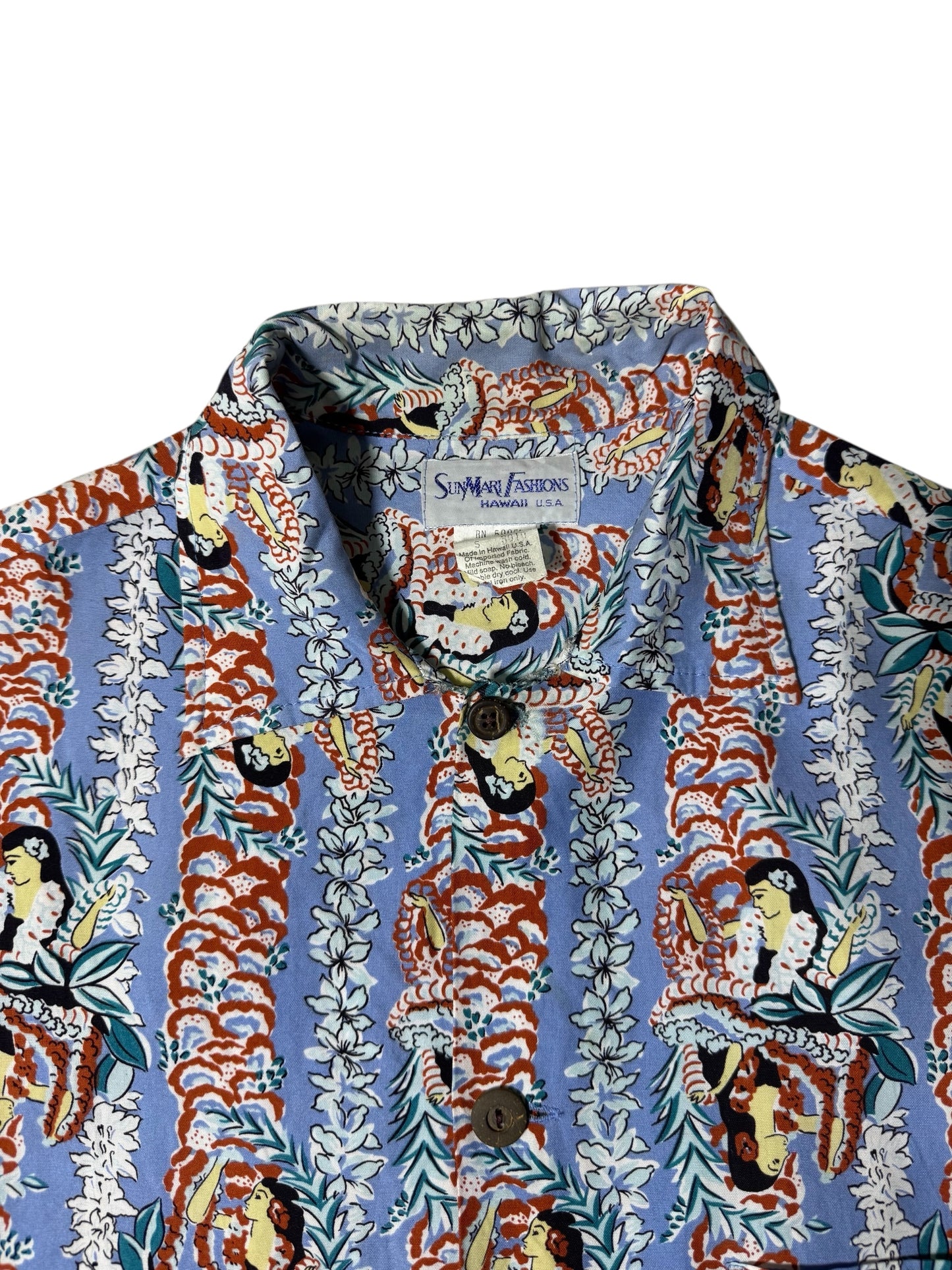 Vintage 1990s Sunmari Fashions Hawaiian Rayon Aloha Shirt Blue Hula Girl Print Made in Hawaii