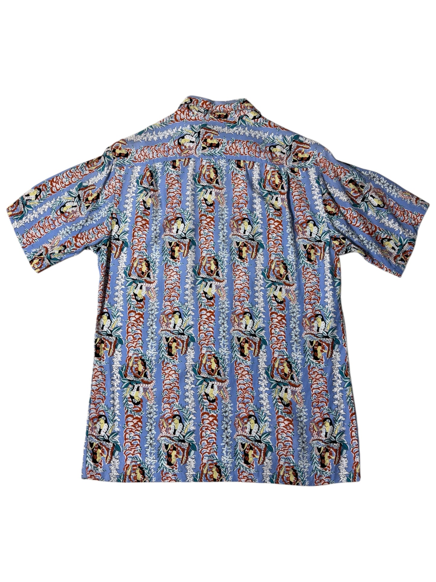 Vintage 1990s Sunmari Fashions Hawaiian Rayon Aloha Shirt Blue Hula Girl Print Made in Hawaii