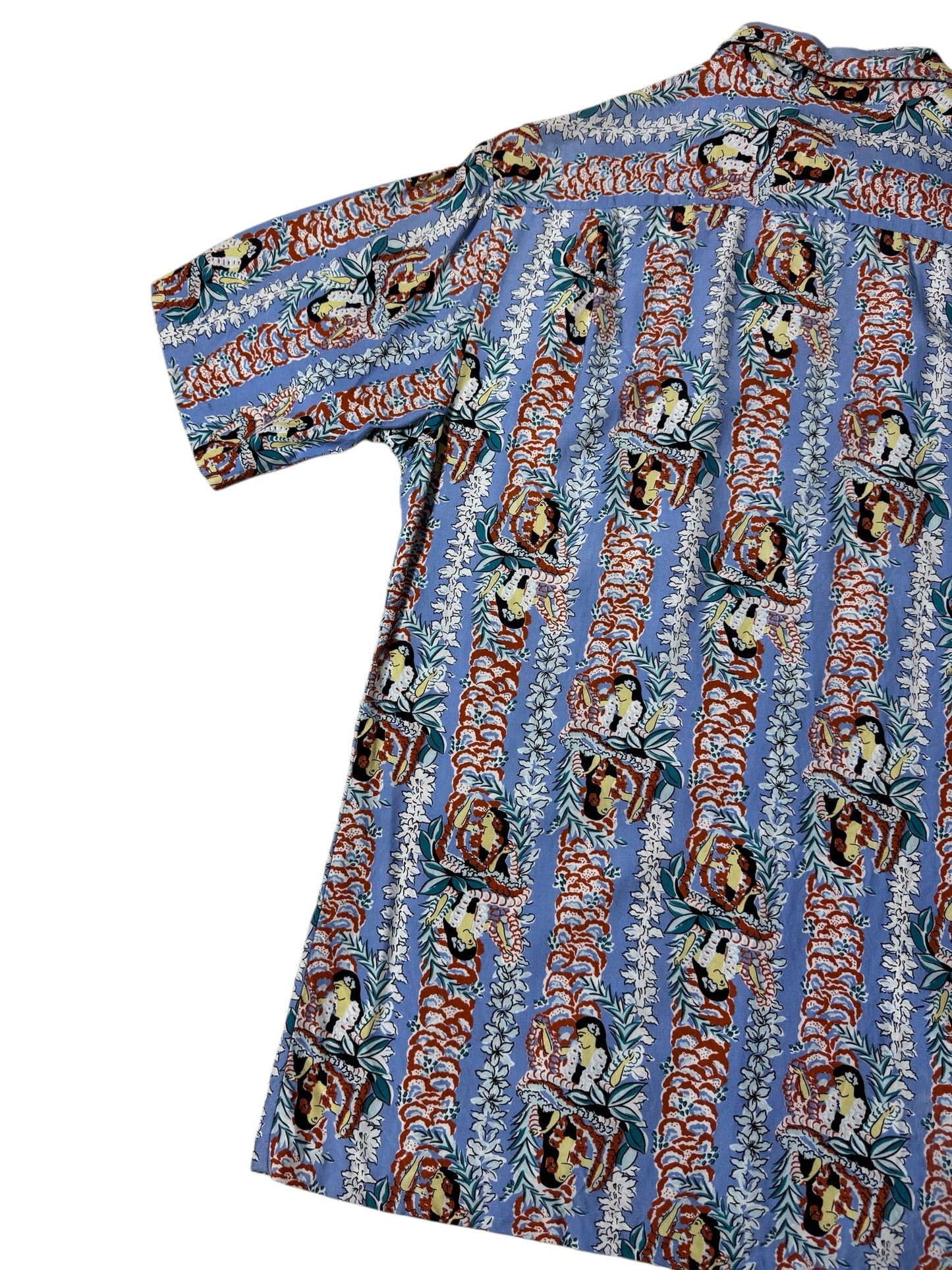 Vintage 1990s Sunmari Fashions Hawaiian Rayon Aloha Shirt Blue Hula Girl Print Made in Hawaii