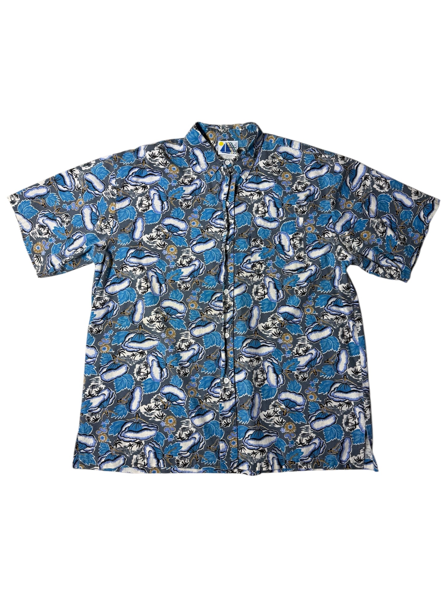 Vintage 80s–90s The Men’s Store at Sears Hawaiian Aloha Shirt Blue Hula Print Made in USA