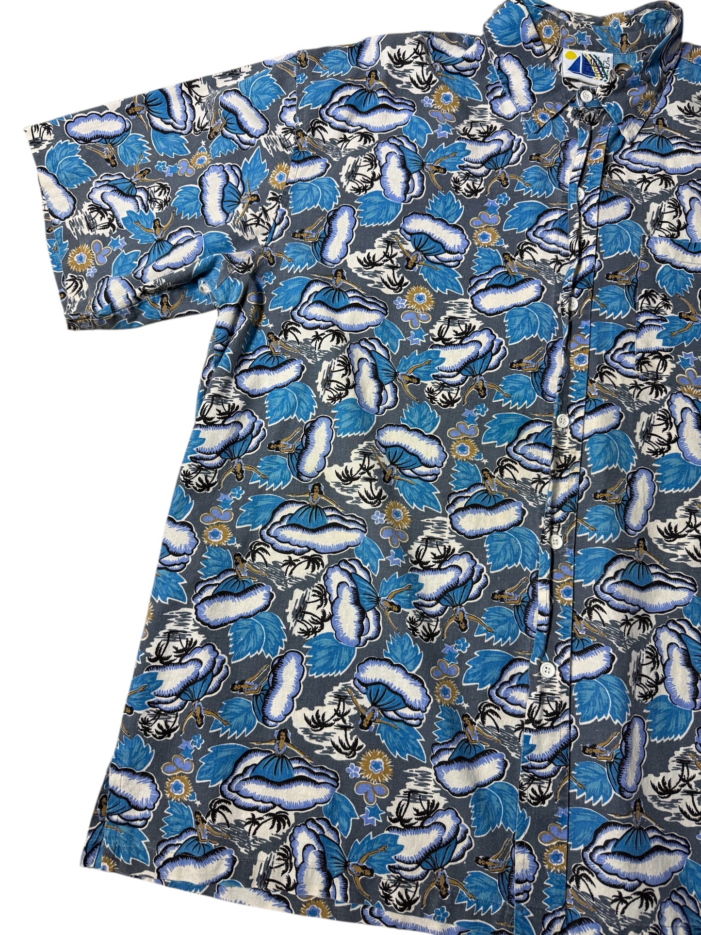 Vintage 80s–90s The Men’s Store at Sears Hawaiian Aloha Shirt Blue Hula Print Made in USA
