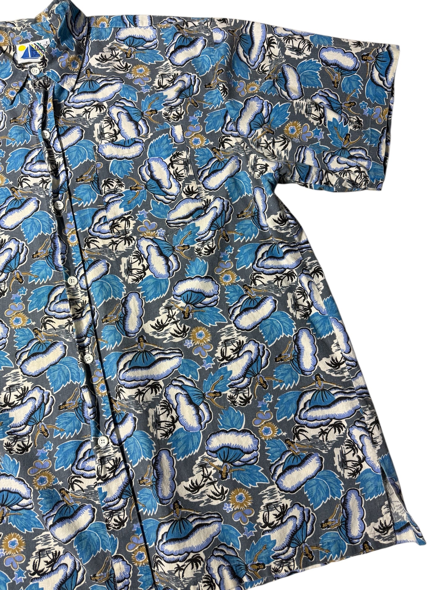 Vintage 80s–90s The Men’s Store at Sears Hawaiian Aloha Shirt Blue Hula Print Made in USA