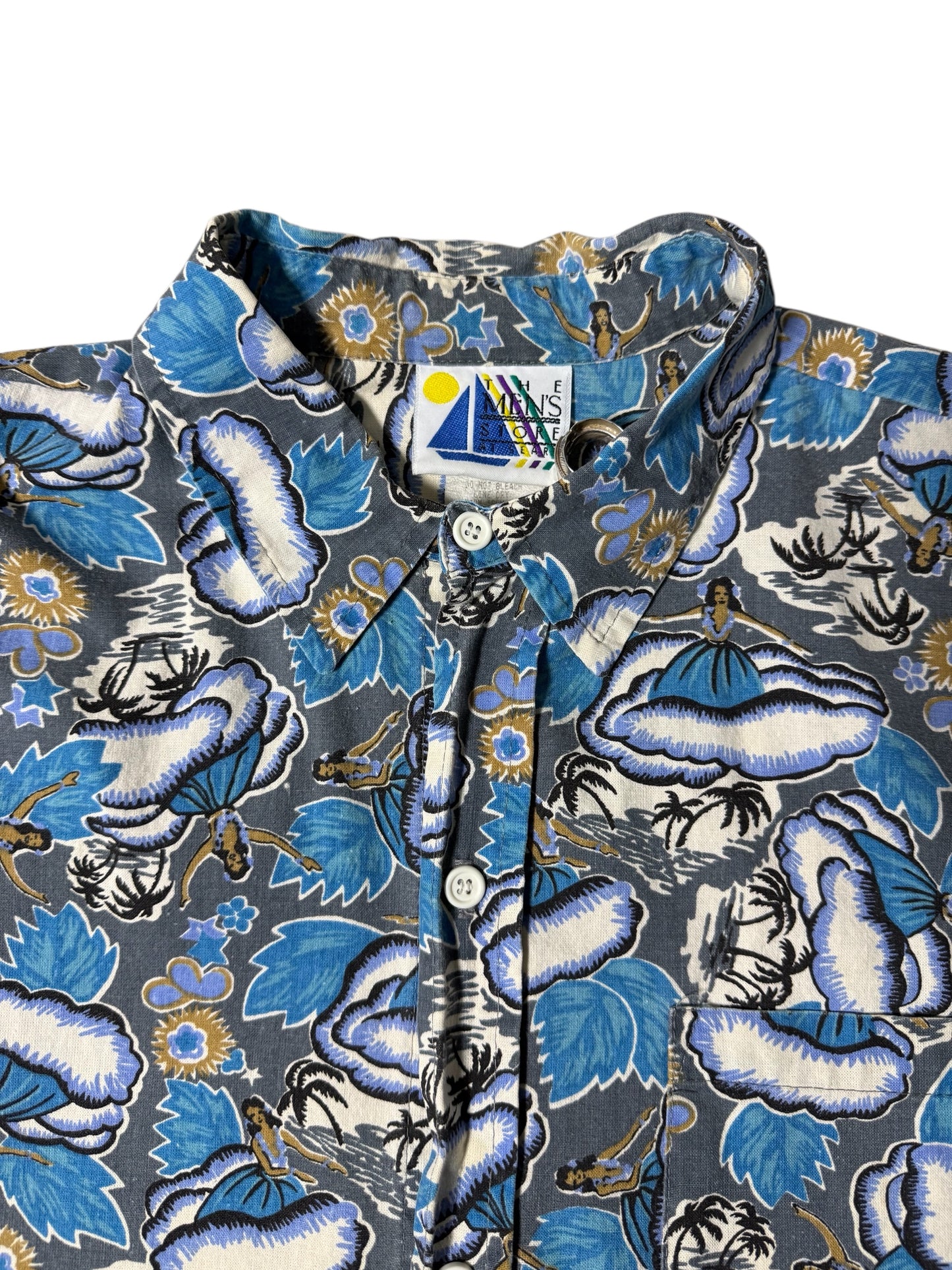 Vintage 80s–90s The Men’s Store at Sears Hawaiian Aloha Shirt Blue Hula Print Made in USA