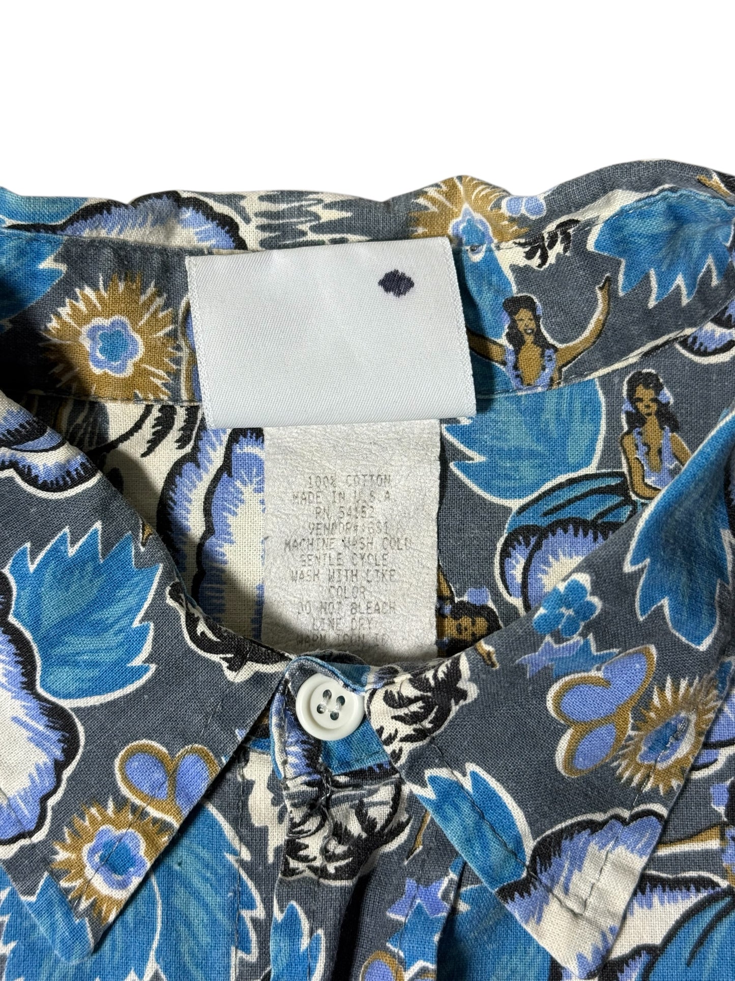 Vintage 80s–90s The Men’s Store at Sears Hawaiian Aloha Shirt Blue Hula Print Made in USA