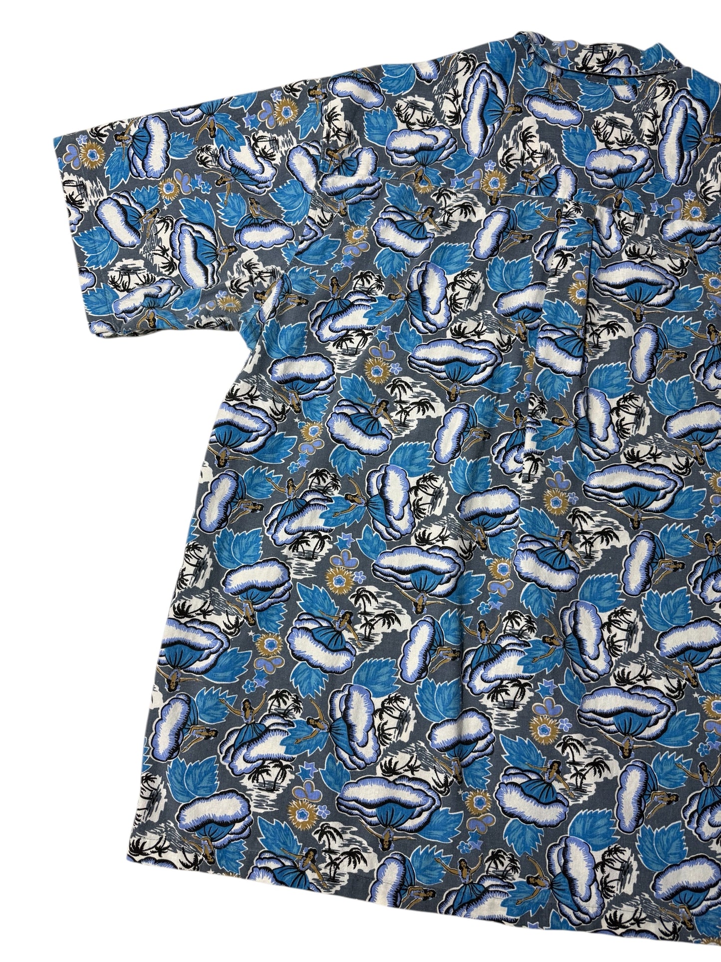 Vintage 80s–90s The Men’s Store at Sears Hawaiian Aloha Shirt Blue Hula Print Made in USA